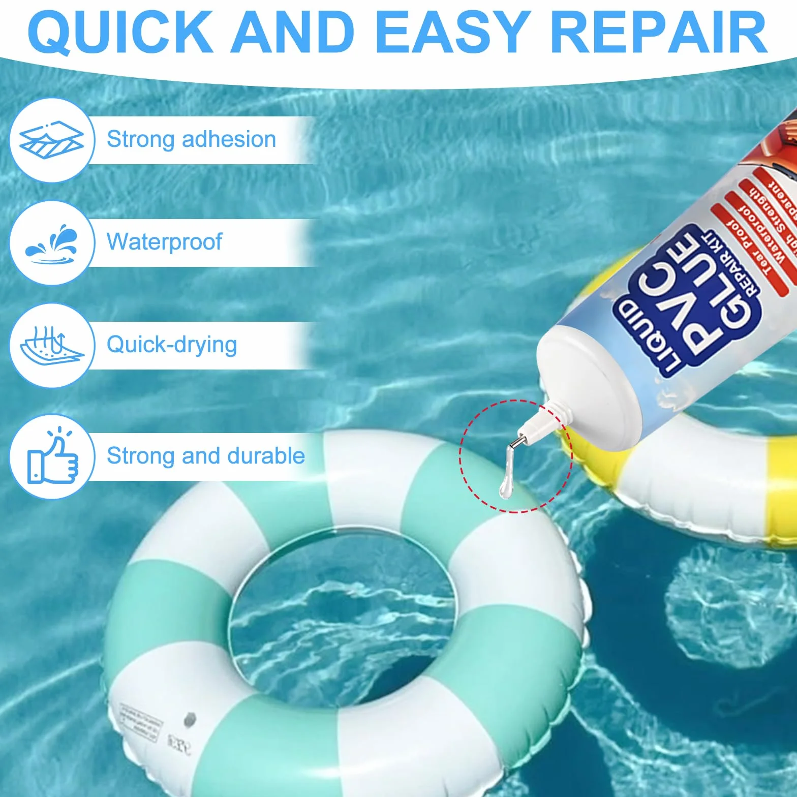 Kit de Réparation Piscine 100ML, Rustine Imperméable avec 15 Patchs & Accessoires, Colle PVC