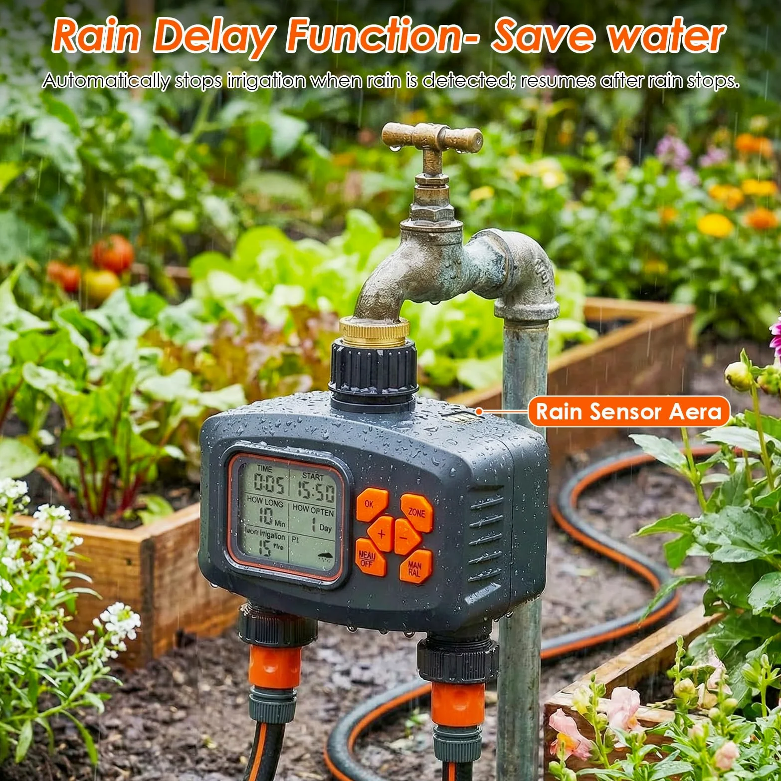 Système d'Irrigation Jardin 20M Tuyau avec Programmateur Arrosage Automatique 2 Voies, Minuterie d'arrosage Retard de Pluie, Kit Arrosage Micro Irrigation Goutte à Goutte pour Pelouse et Jardin