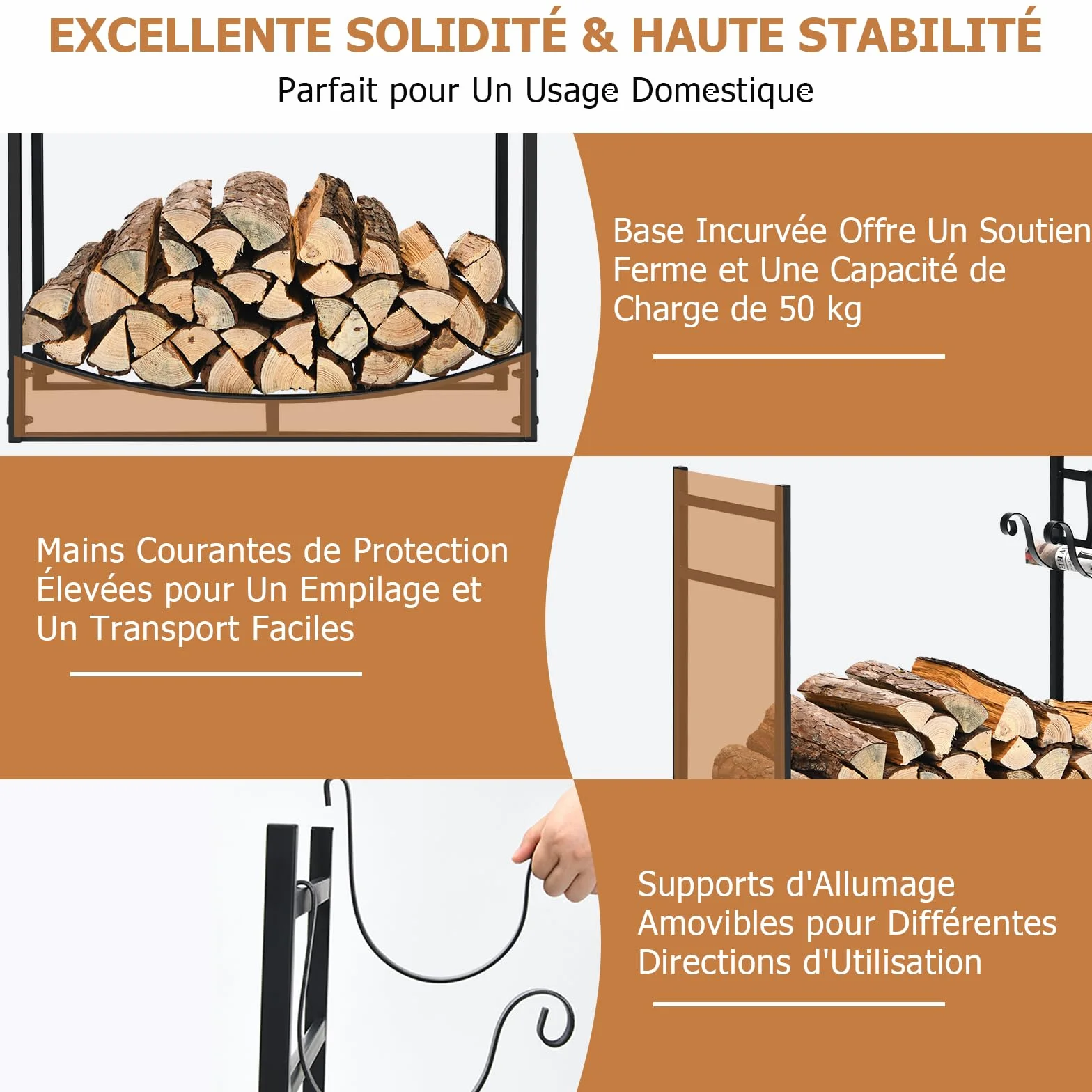 GOPLUS Range Bûches Cheminée Porte Buches Bois Chauffage Intérieur Extérieur Support Amovible 50 kg 84 x 33 x 76 cm