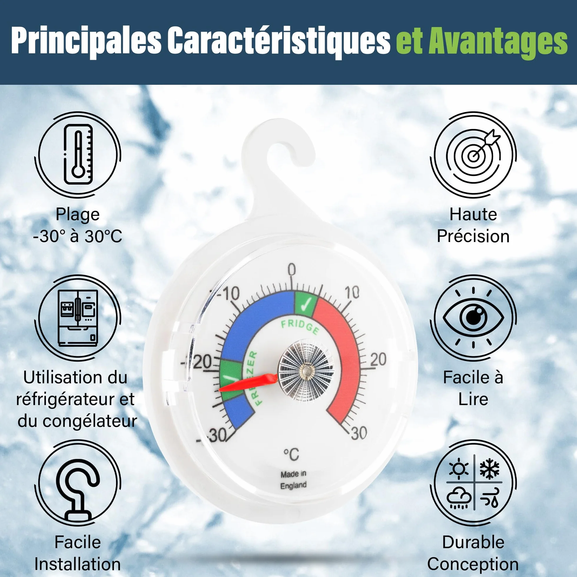 Lot de 2 thermomètres de réfrigérateur à cadran 65 mm zones colorées