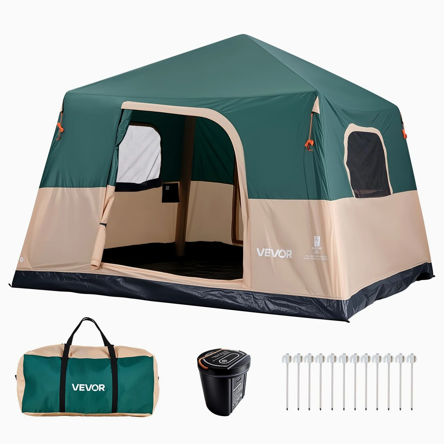 VEVOR Tente Gonflable 6 Personnes Pompe Rechargeable Tente de Camping Vert, pour Randonnée et Pique-niques en Famille, avec Tubes d'air en TPU, 4 Grandes Fenêtres en Maille, Sac de Transport Portable