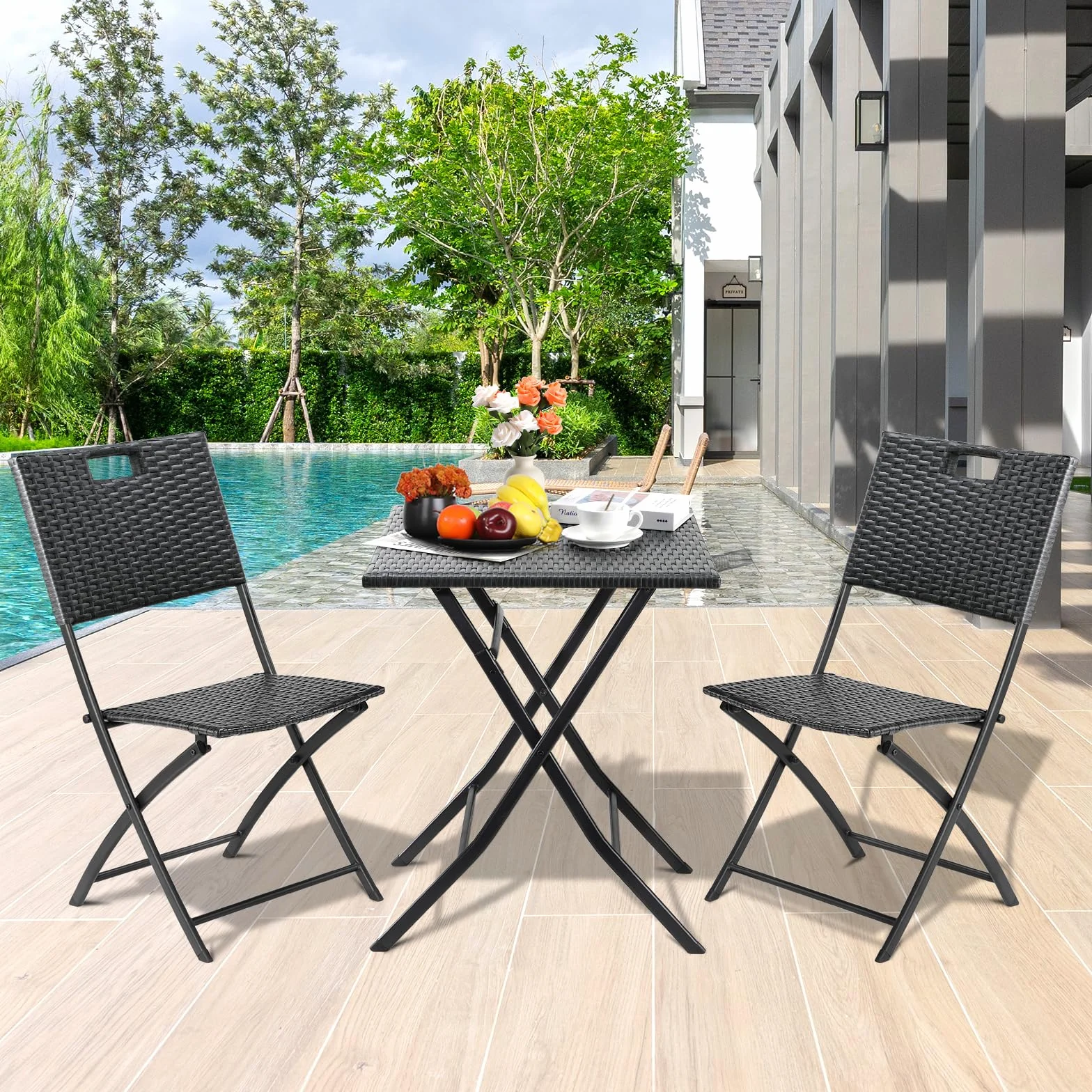 Ensemble de Meubles de Balcon 3 pièces Pliable en Rotin Gris, 2 Chaises et 1 Table, pour Terrasse et Jardin