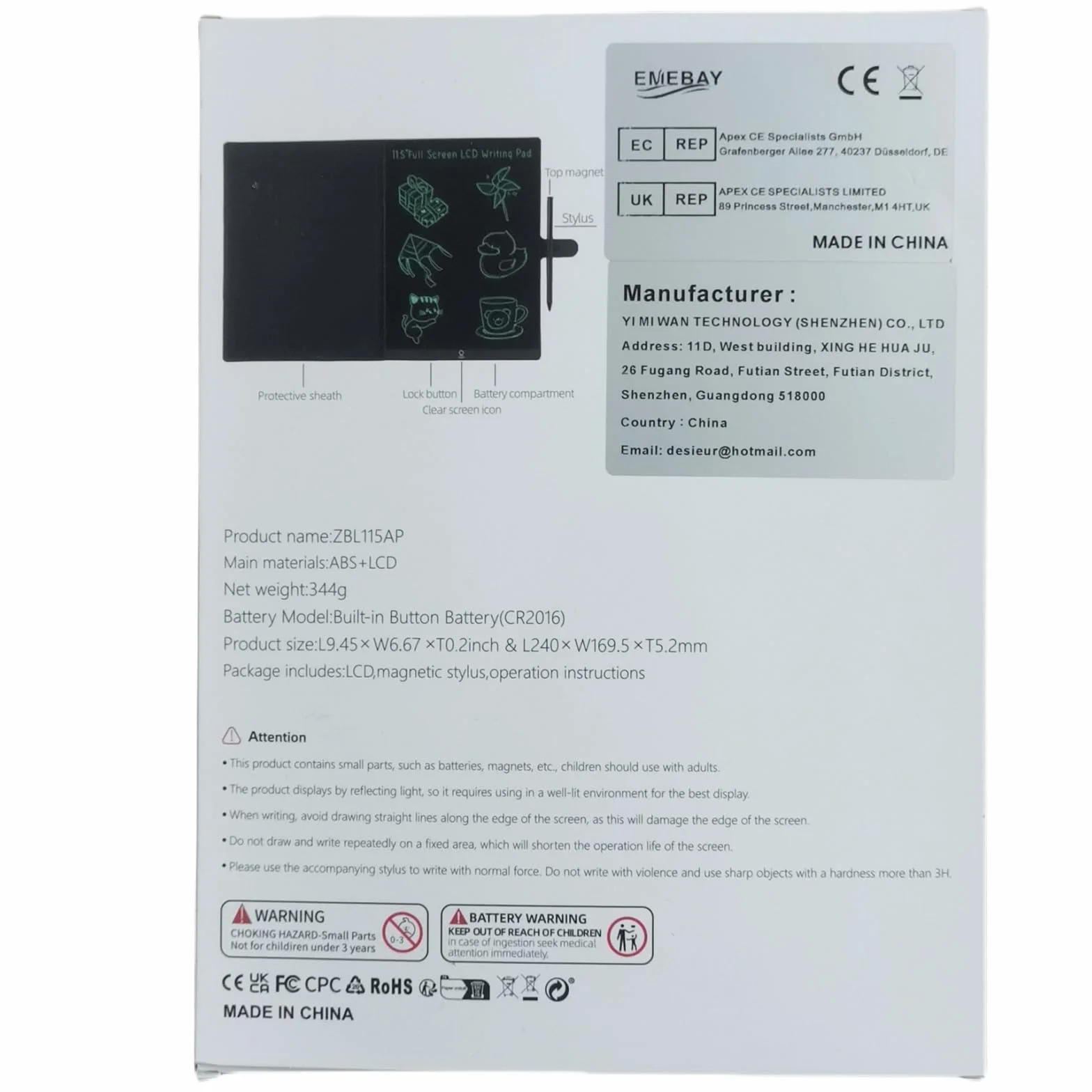 EMEBAY Tablette d'écriture LCD 11,5" Ultra Mince 3.2 mm Bloc-Notes numérique effaçable