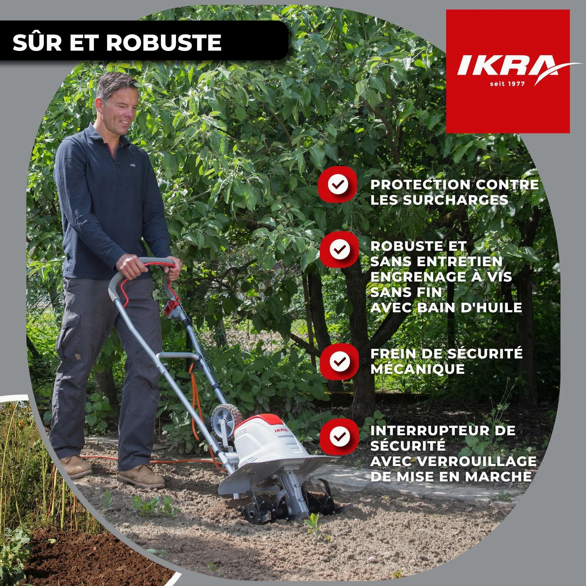 IKRA motoculteur électrique FEM 1500, 17, 30 et 45 cm, avec sarcloir Manuel | 1500 W, profondeur de travail 23 cm, patin de frein, roue de transport, pliable, protection contre les surcharges