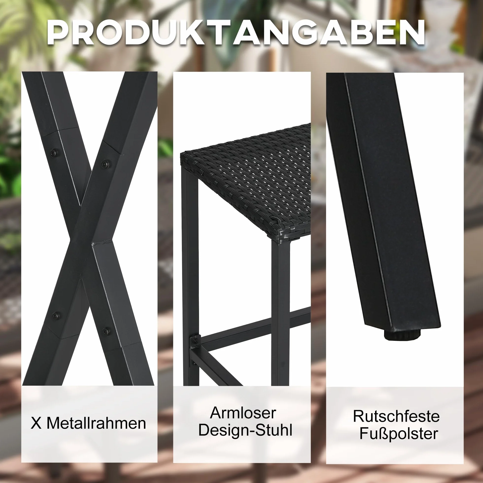 Outsunny Ensemble de bar de jardin en rotin 4 tabourets table haute avec toit acier noir