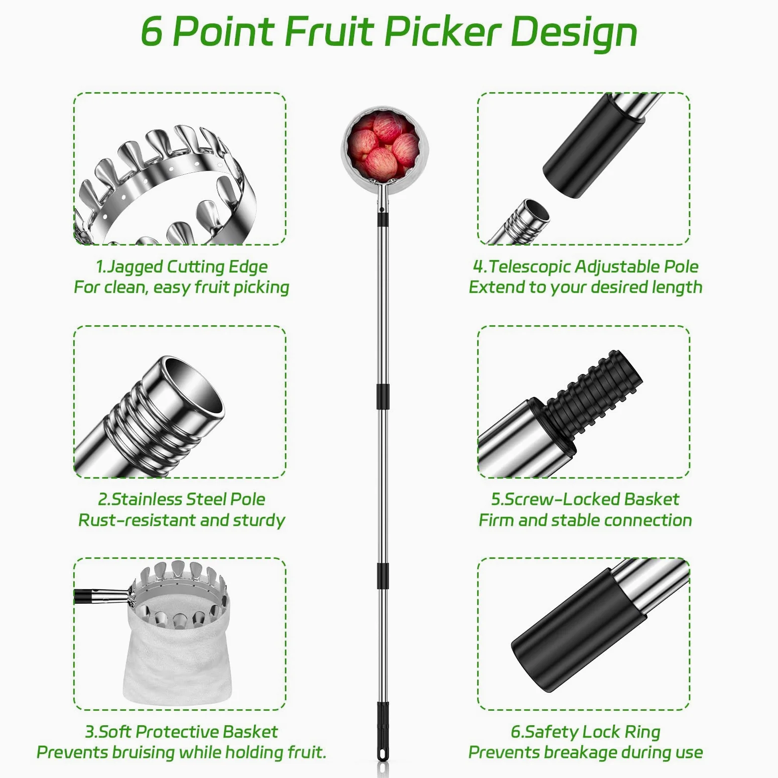 BURMONG Outil de cueillette de fruits de 4 m avec poteau en acier inoxydable et panier souple – Récolteuse de fruits réglable pour pomme, mangue, avocat, orange, poire, citron et plus encore – Léger