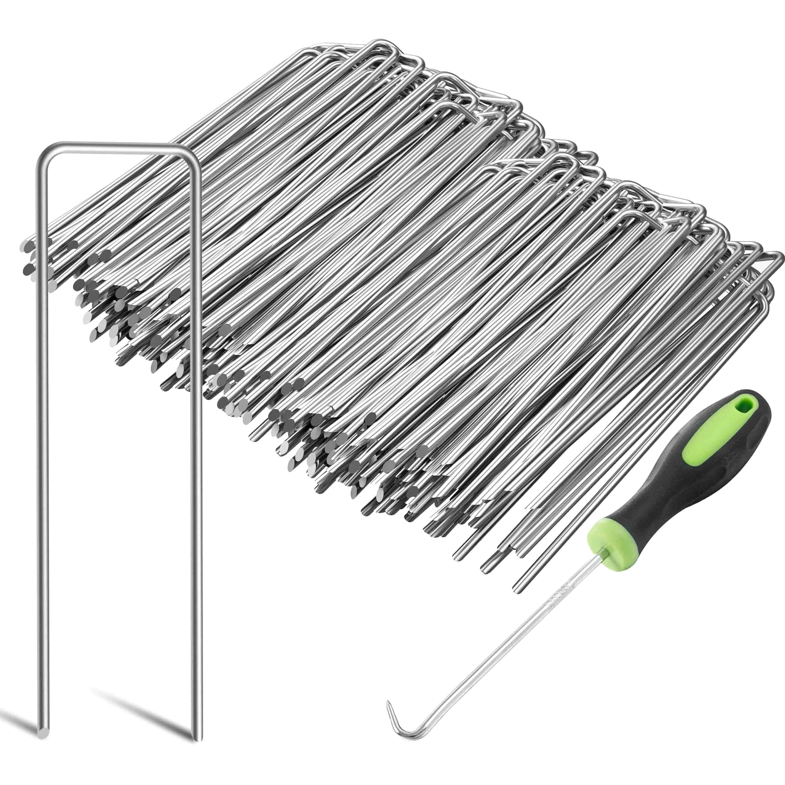 400 Pièces 15cm Piquets de Jardin Robustes de Ø 3 mm - Agrafes en Acier Galvanisé pour Fixer Les Toiles Anti-Mauvaises Herbes, Les Filets et Les Tubes avec 1 Crochet de Ramassage