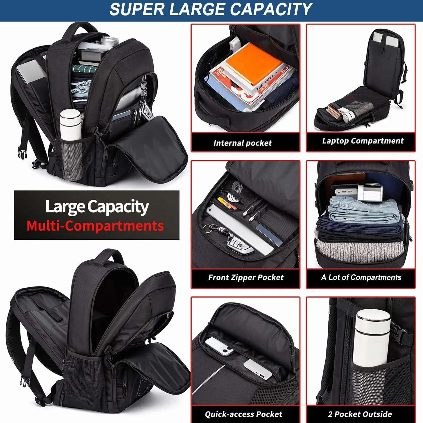 Sac à Dos Homme Grand 55L Antivol Imperméable avec Chargement USB pour Ordinateur Portable Voyage - Noir