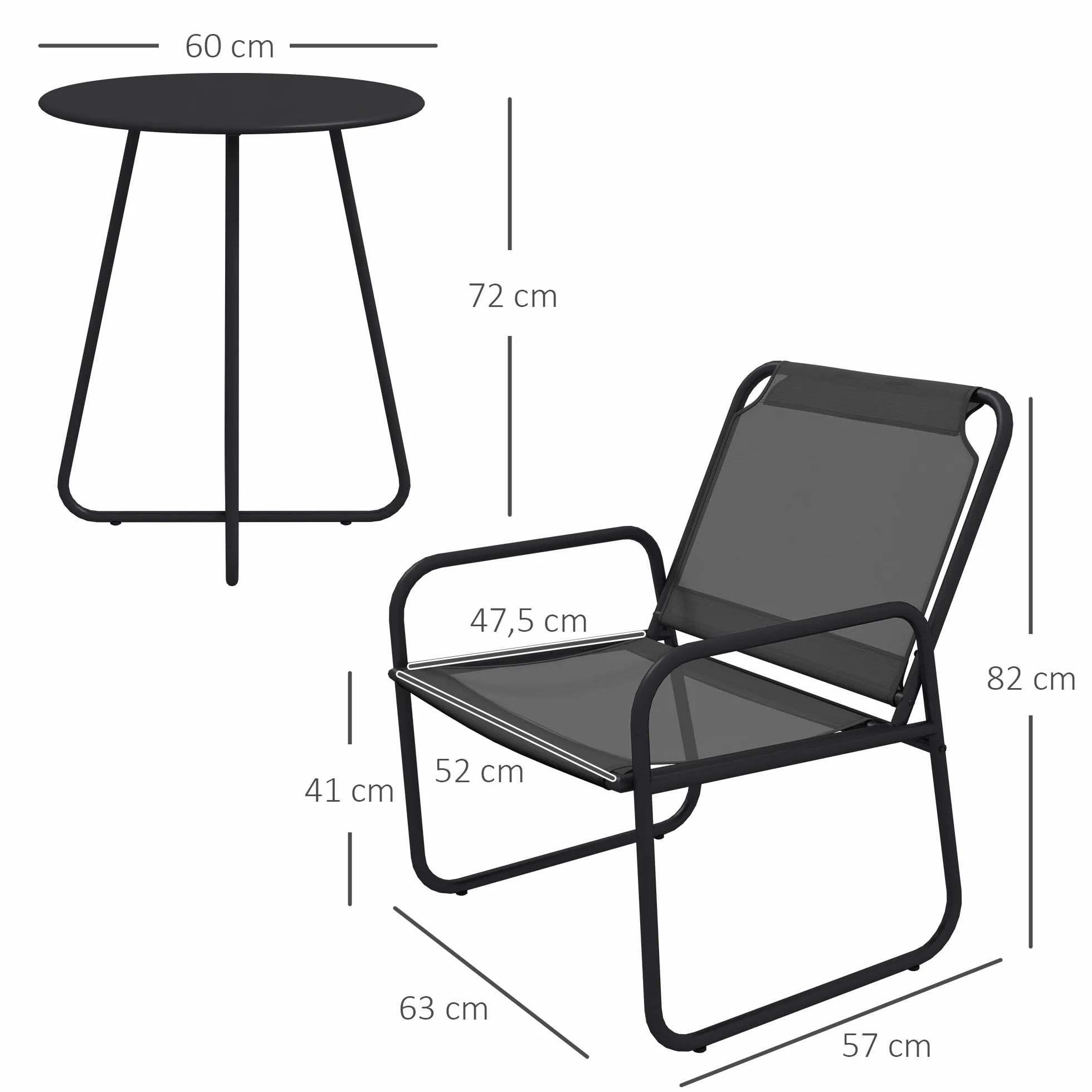 Outsunny Salon de Jardin 3 pièces, 2 fauteuils 1 table ronde, Acier, Tissu respirant, Gris