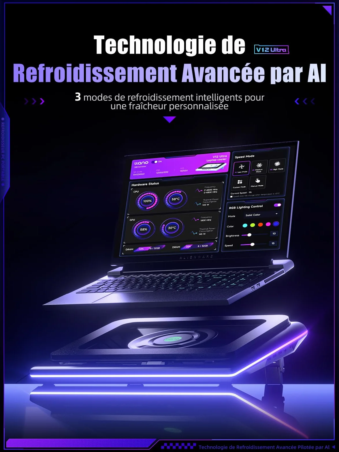 llano V12 Ultra Refroidisseur d'Ordinateur Portable 5,5 Pouces 3 Ports USB 3.0 15,6-19 Pouces
