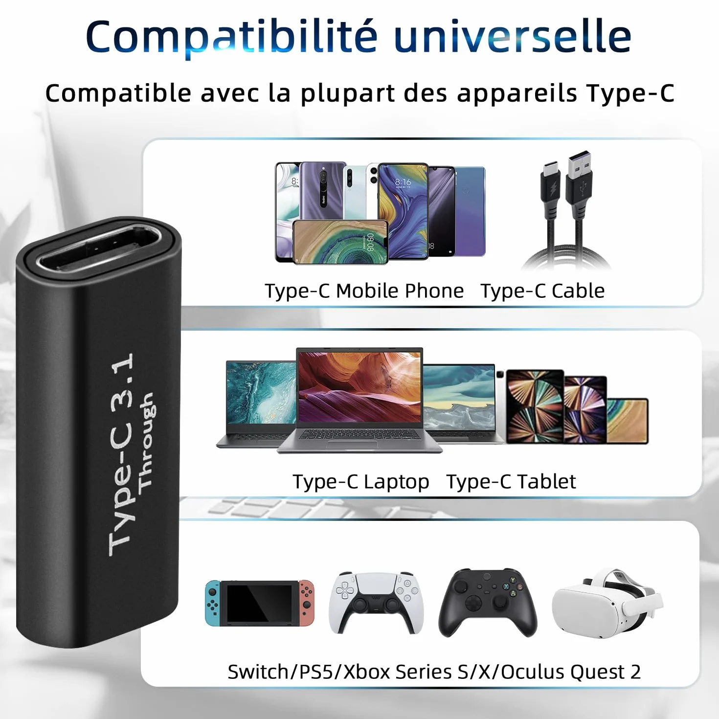 Adaptateur USB C femelle vers femelle 2Pcs USB 3.1 10Gbps 4K Charge Rapide Transfert Données