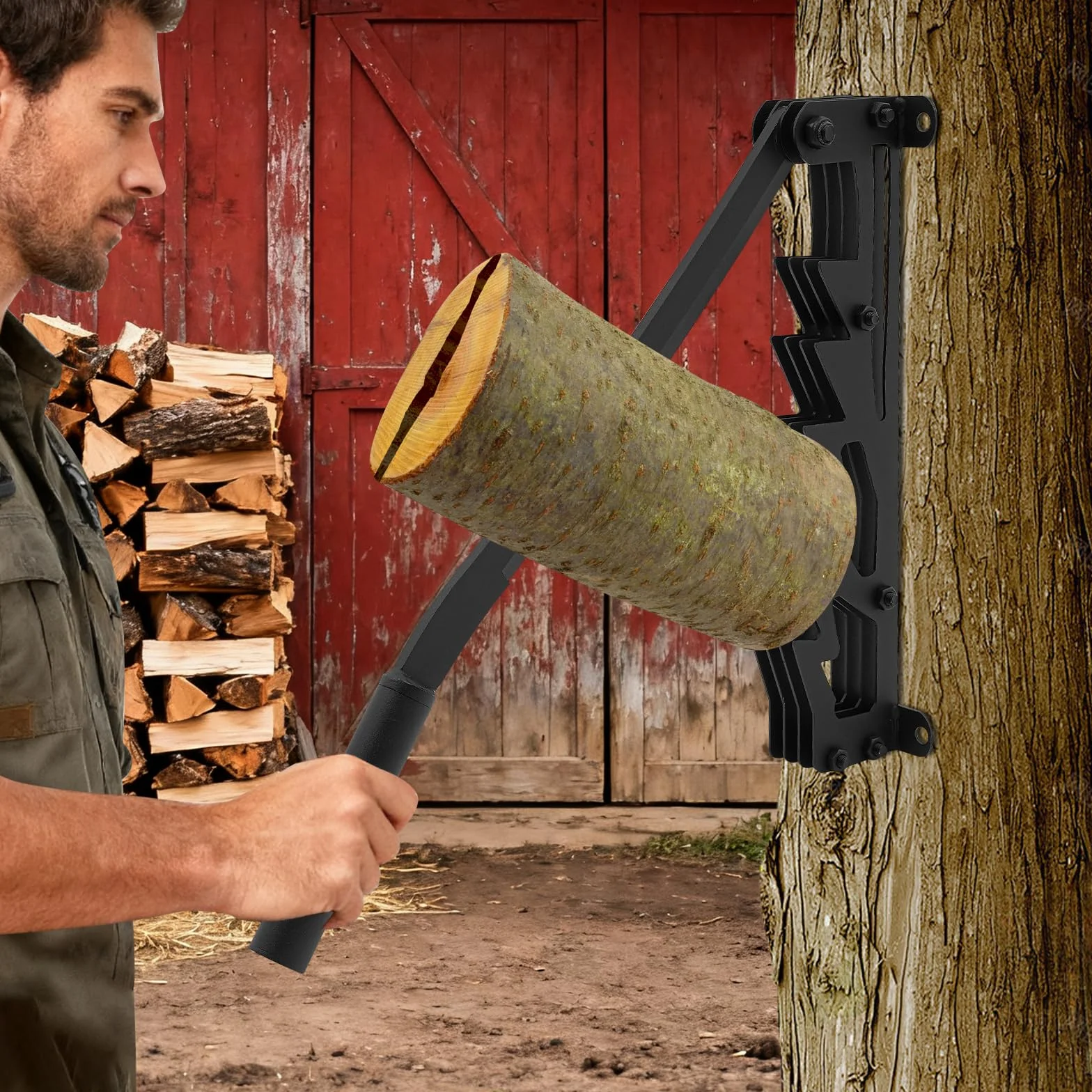 Fendeur de bûches manuel en fonte, support mural portable pour allumage de bois pour intérieur et extérieur, incl. 2 poignées détachables, porte-bois, gants et sac à bois de chauffage