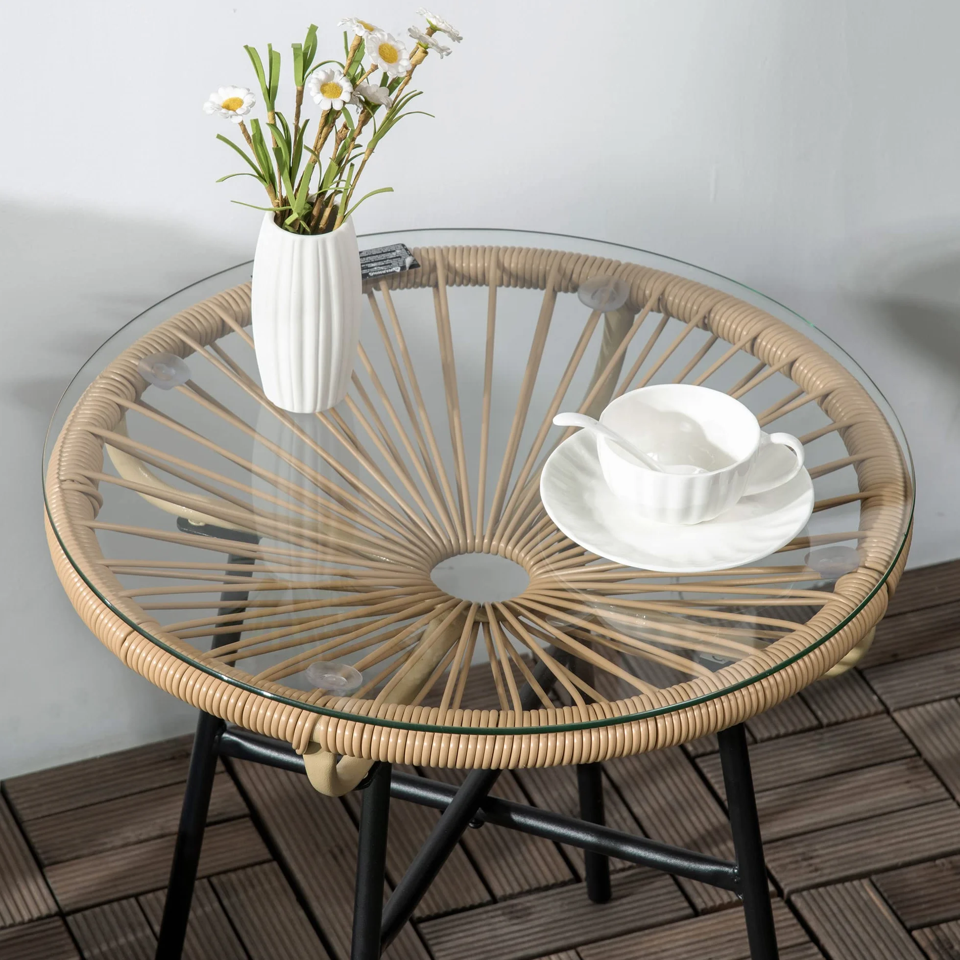 Outsunny Table Basse Ronde Jardin Résine Rotin Métal Plateau Verre Trempé Ø 50 x 50 cm Beige