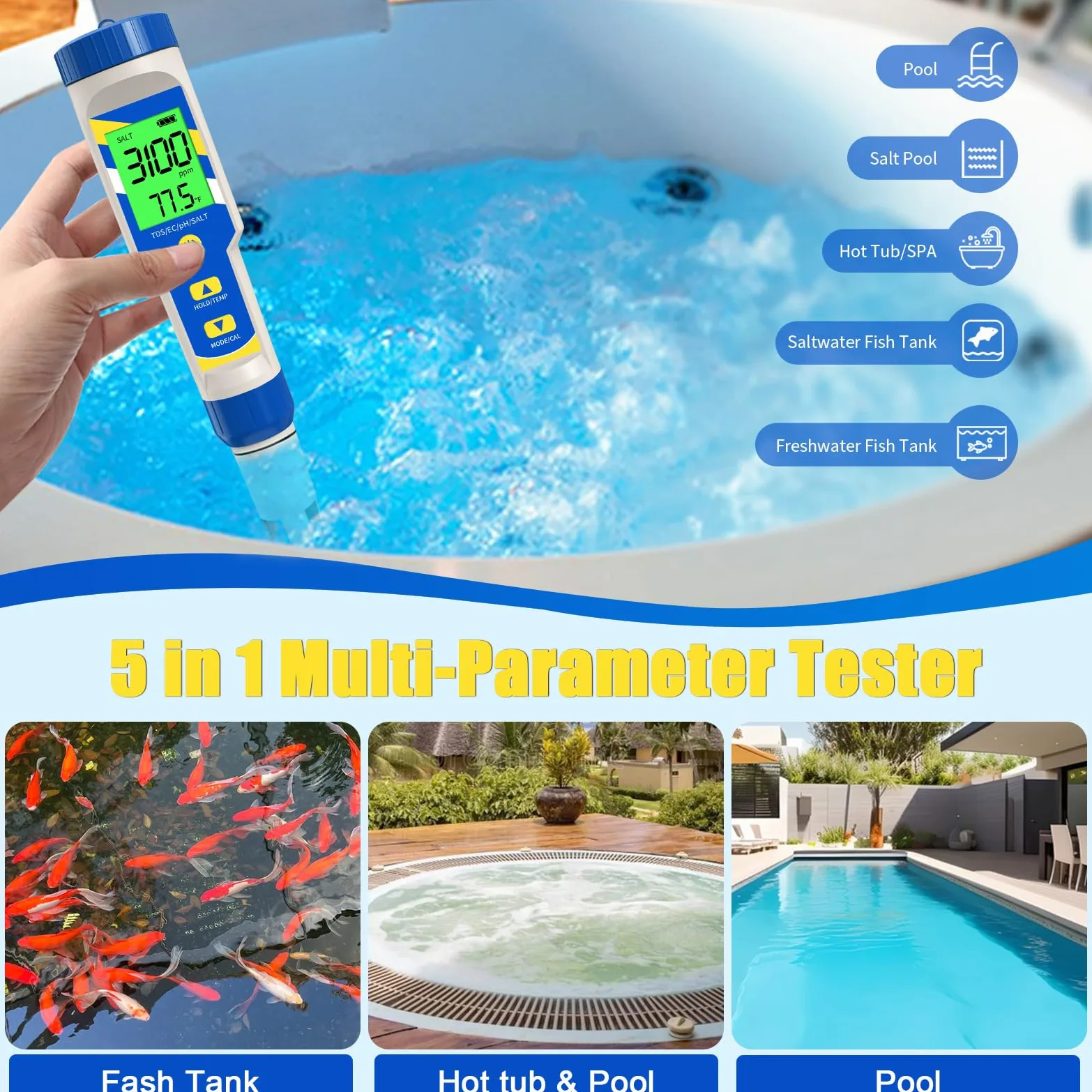 Testeur de pH numérique 2025 pour piscine 5 en 1 TDS EC pour aquarium, eau potable, hydroponique, eau salée, spa, brassage