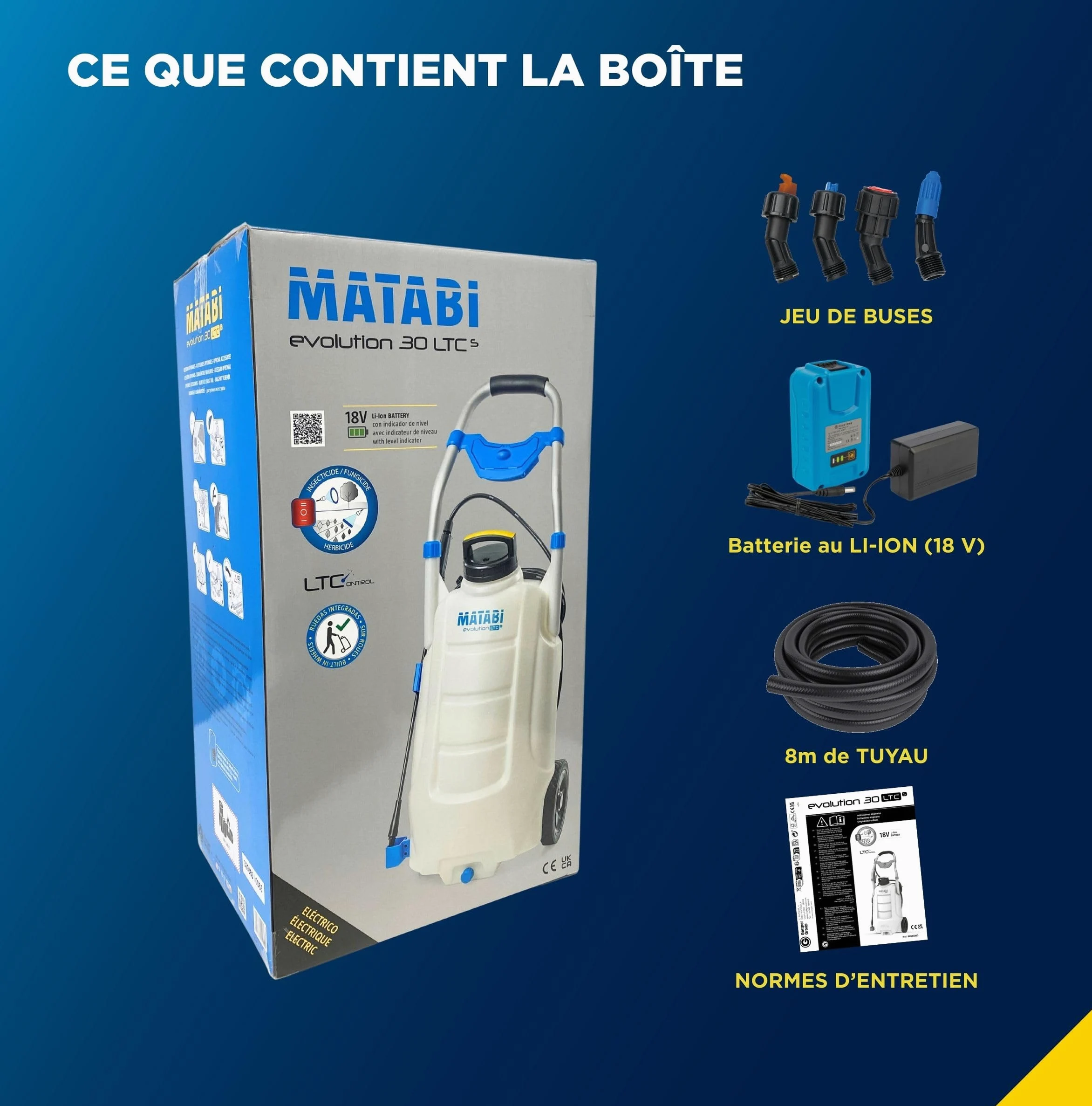 Matabi 30LTCs - Pulvérisateur Électrique 30 L sur Chariot - Batterie 18V | Pulvérisateur de Jardin avec 5,5 bar, contrôle électronique,4 buses, tuyau 8 m, autonomie jusqu’à 150L, poignée inox et roues