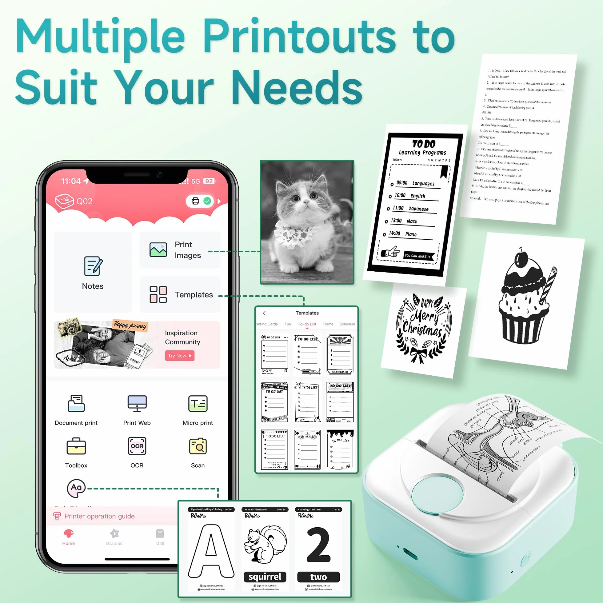 Phomemo Q02 Mini Imprimante Thermique Portable sans Encre avec 3 Rouleaux Papier, Verte