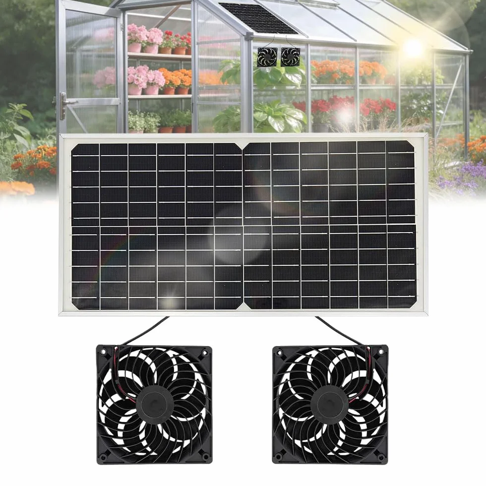 Ventilateur Solaire pour Serre 16V 16W Extracteur d'air Double Ventilateur CC IP65 Exterieur