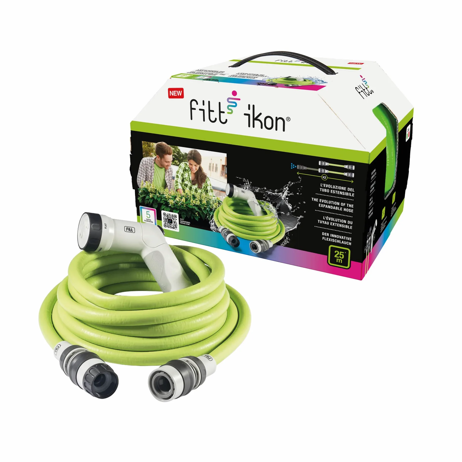 FITT IKON 25 m - Tuyau d'arrosage extensible, compact, léger et prêt à l'emploi, avec pistolet multi-jet, Lime