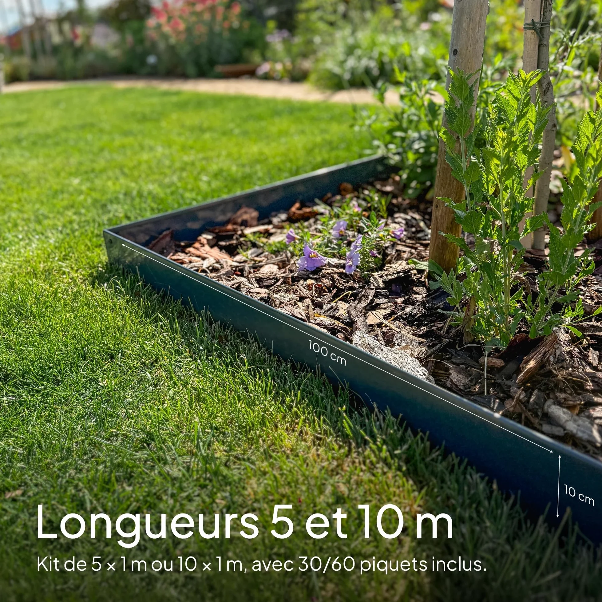 UNIGARDIA Bordure de Jardin en Métal Anthracite 10 m, Hauteur 10 cm | Rebord 5 mm, Bordure de Pelouse Flexible, Installation facile, Piquets d’ancrage inclus