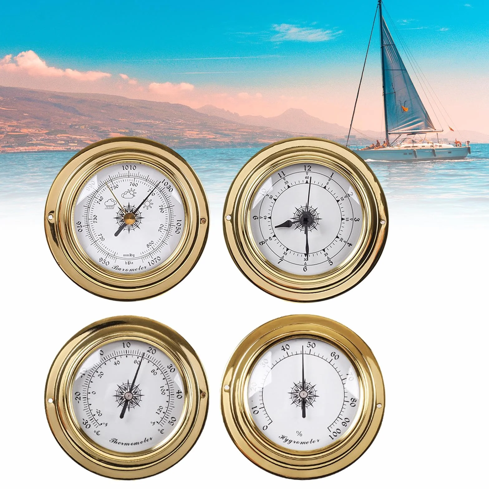 rockible Thermomètre et Hygromètre, Baromètre, Horloge, Stations Météorologiques, Dia 98mm, Instruments de Voile pour Bateau, Yacht, Atelier, Marine, 4 Pièces