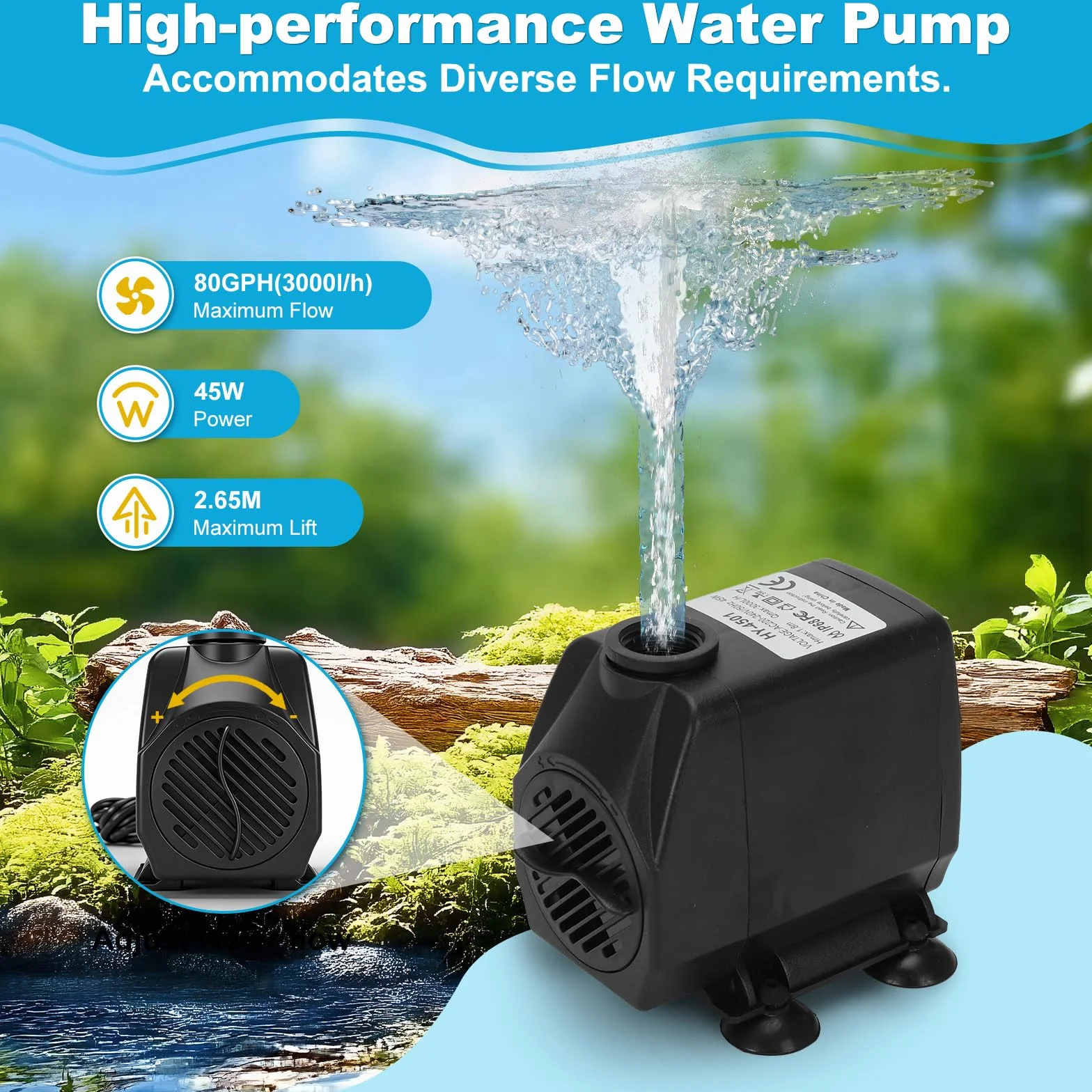 Cascade Bassin Exterieur 30CM Acier Inoxydable Pompe 45W 3000 L/H Kit Jardin