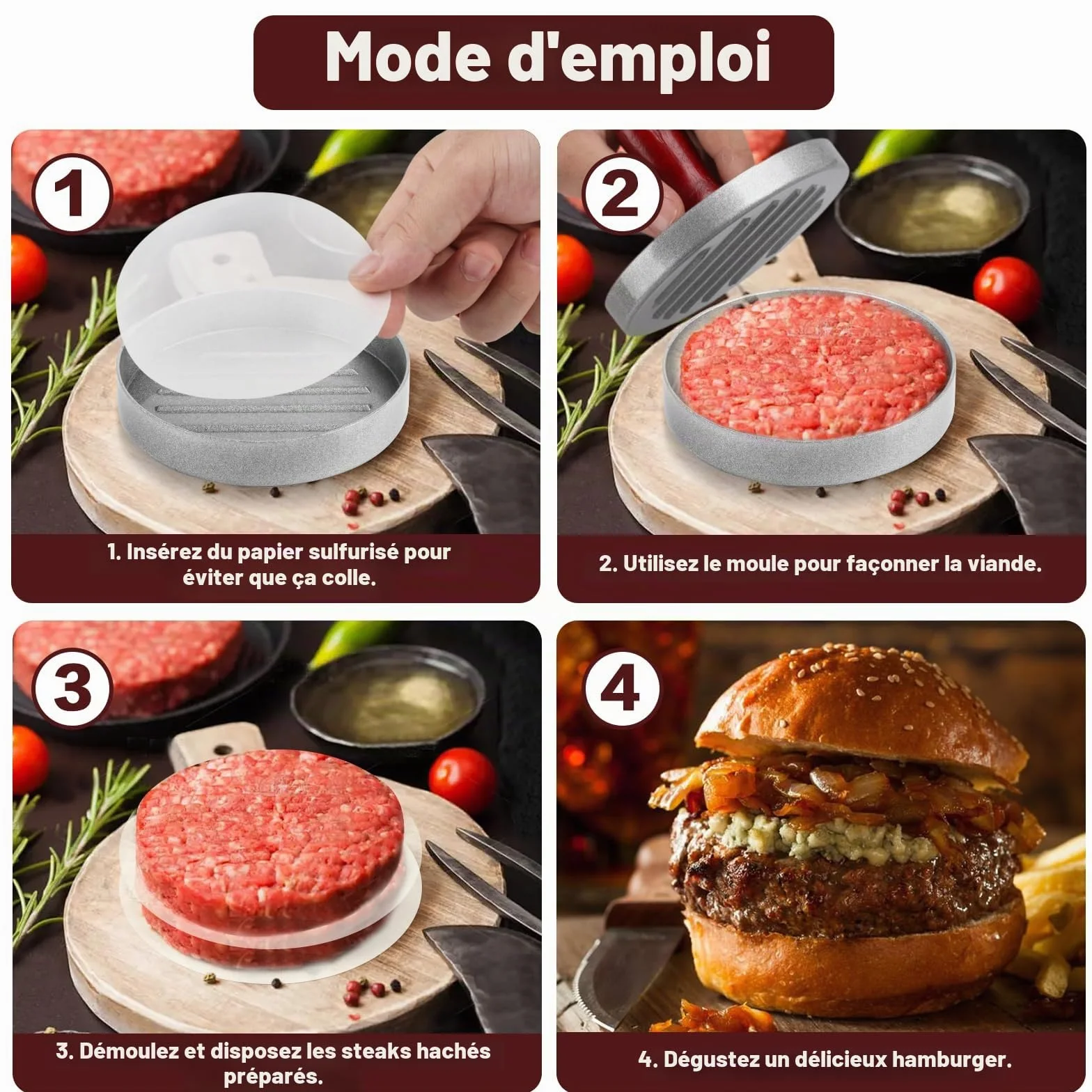 Presse à Burger en Aluminium avec 100 Papier Silicone, Moule à Viande pour Hamburgers