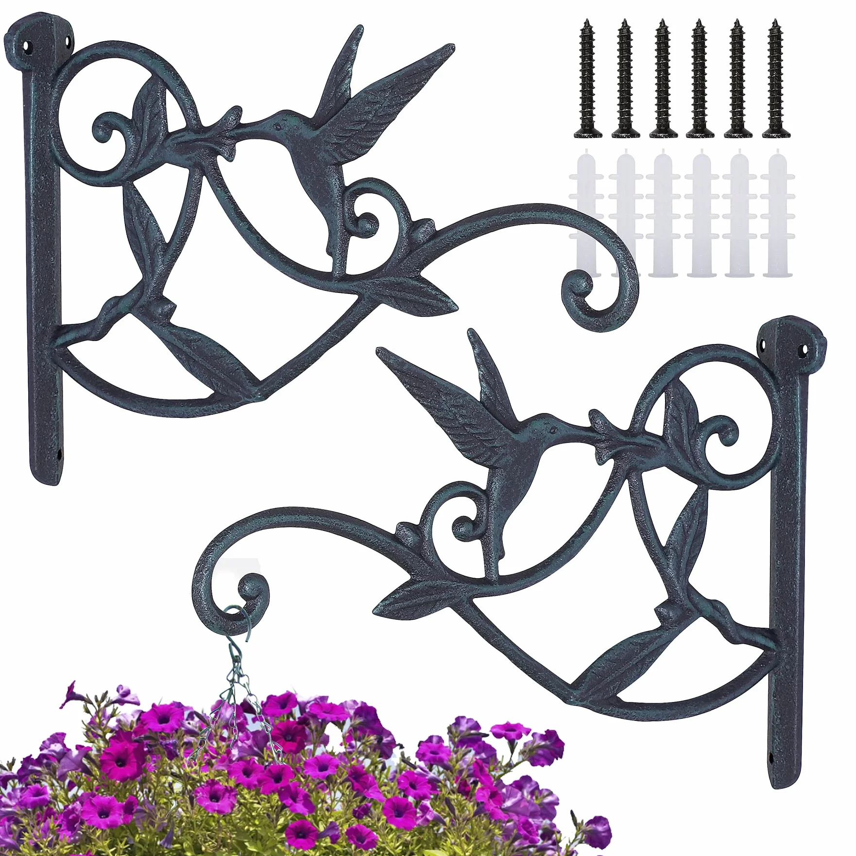 Lot de 2 cintres d'extérieur robustes pour plantes - Crochets décoratifs pour plantes - 25,4 cm - Crochets colibri en fonte - Atrovirens rustiques