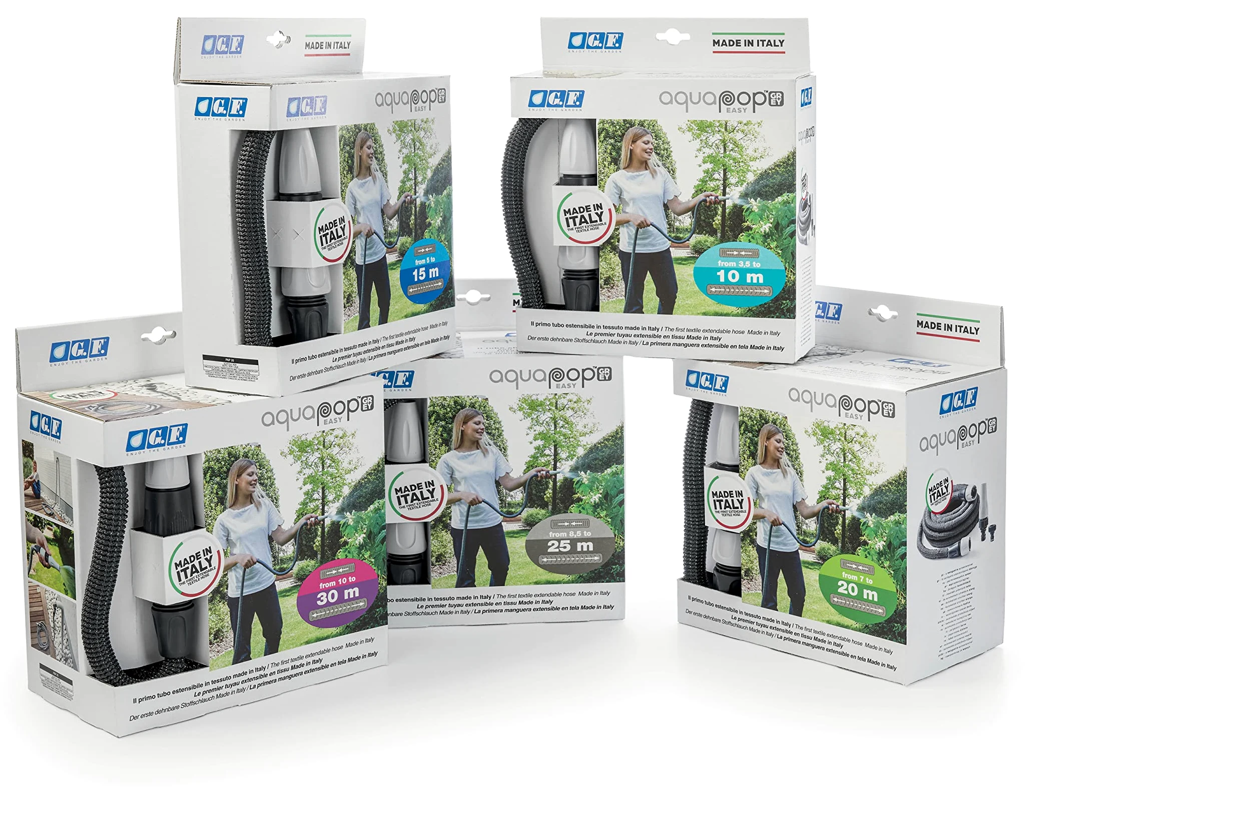G.F. SRL Aquapop Grey Easy 10 Tuyau en tissu auto-rallongeant de 10 m, fabriqué en Italie, avec mini pulvérisateur de jardin et raccords pour arroser les jardins, gris foncé