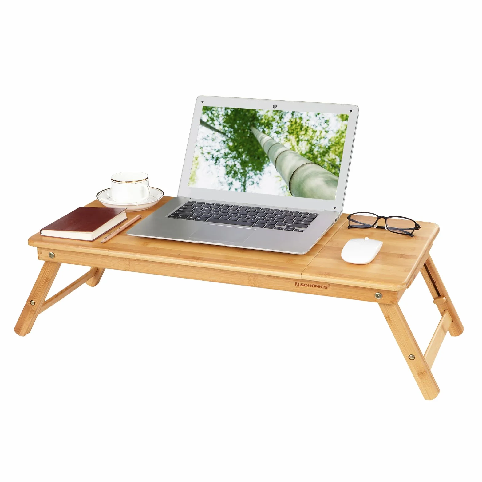 SONGMICS Table de lit pliable en bambou pour ordinateur portable, Plateau ajustable 5 positions, 72 x 21-29 x 35 cm, Tiroir LLD004