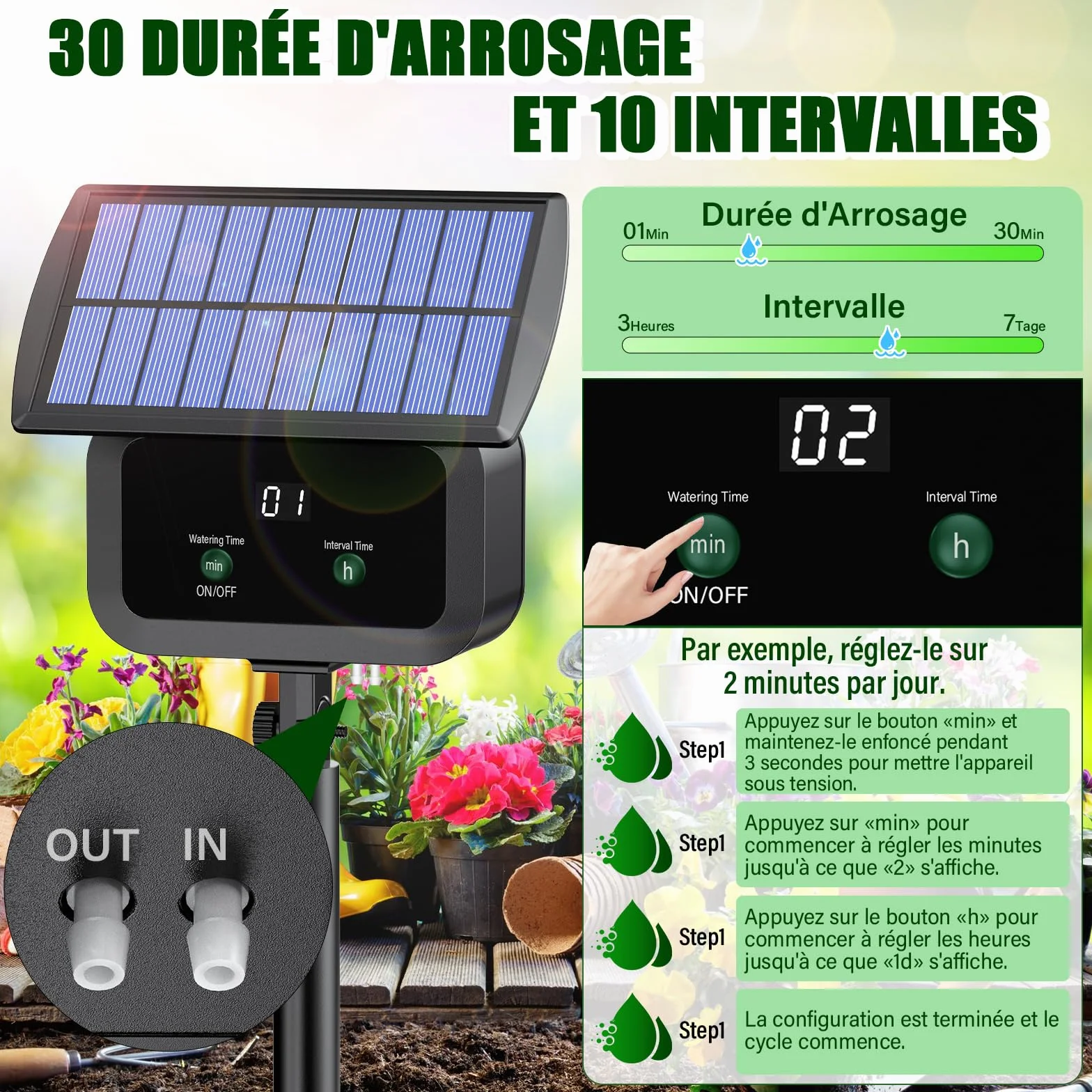 Kit Arrosage Automatique Solaire, Système d'Irrigation Goutte à Goutte avec Minuterie et Tuyau 15M