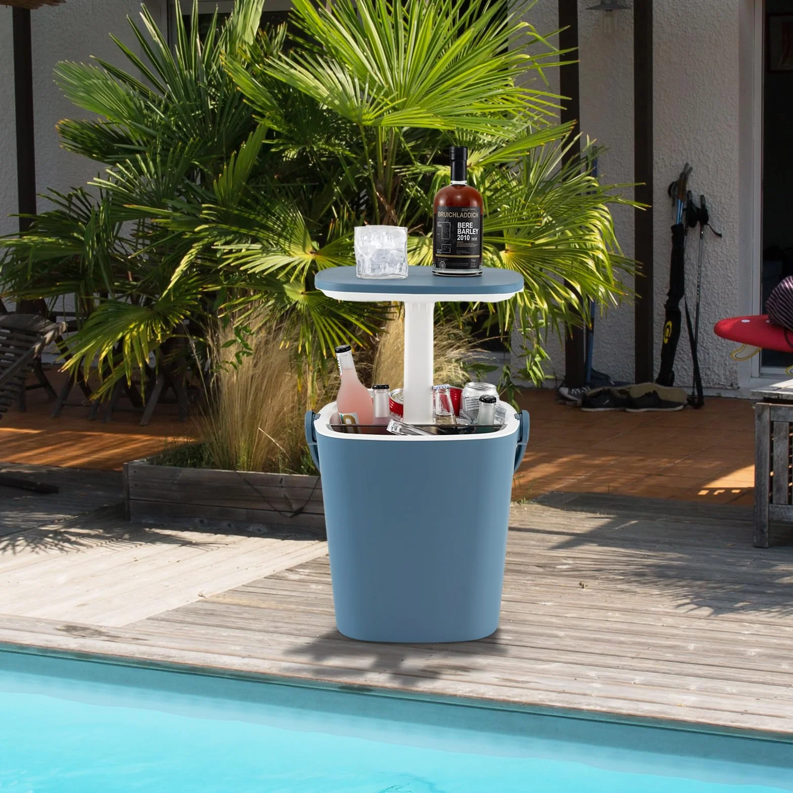 SOARS Bar Exterieur 3 en 1 15L Table d'Appoint Réglable en Hauteur 35 x 34 x 37-58 cm avec Boîte à Glace, Pince, Refroidissiment Jusqu'à 6H, Table pour Jardin Piscine Salon Chambre Bleu