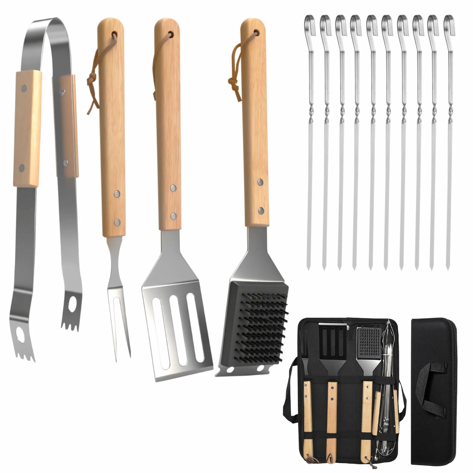 Ensemble Ustensiles Barbecue en Acier Inoxydable avec Sac, Spatule et Fourchette pour Extérieur