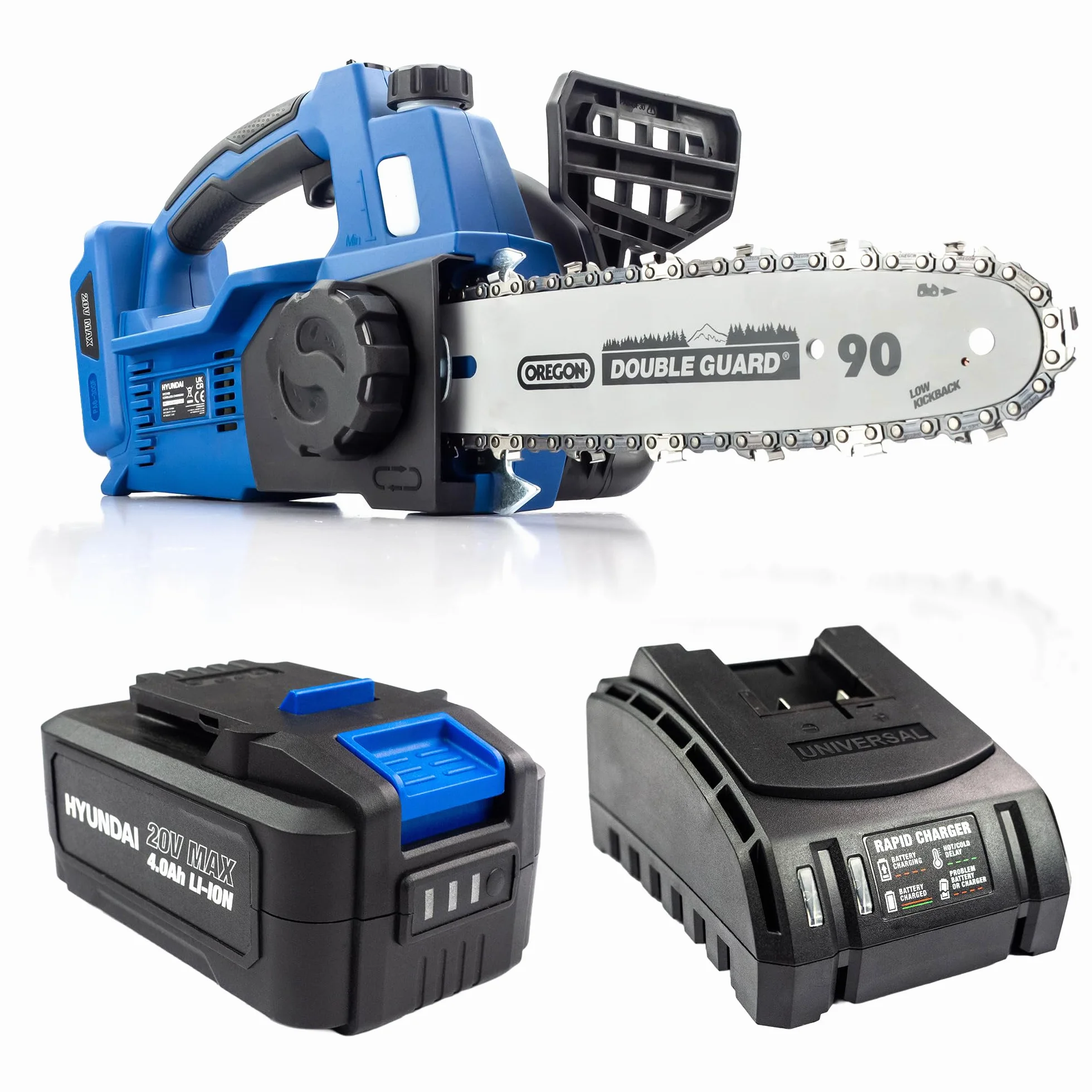 Hyundai Tronçonneuse Sans Fil 20 V Brushless, Guide et Chaîne 25 cm, Batterie Li-ion 4 Ah, Chargeur Inclus, Élagage, Garantie 3 Ans - HY2190