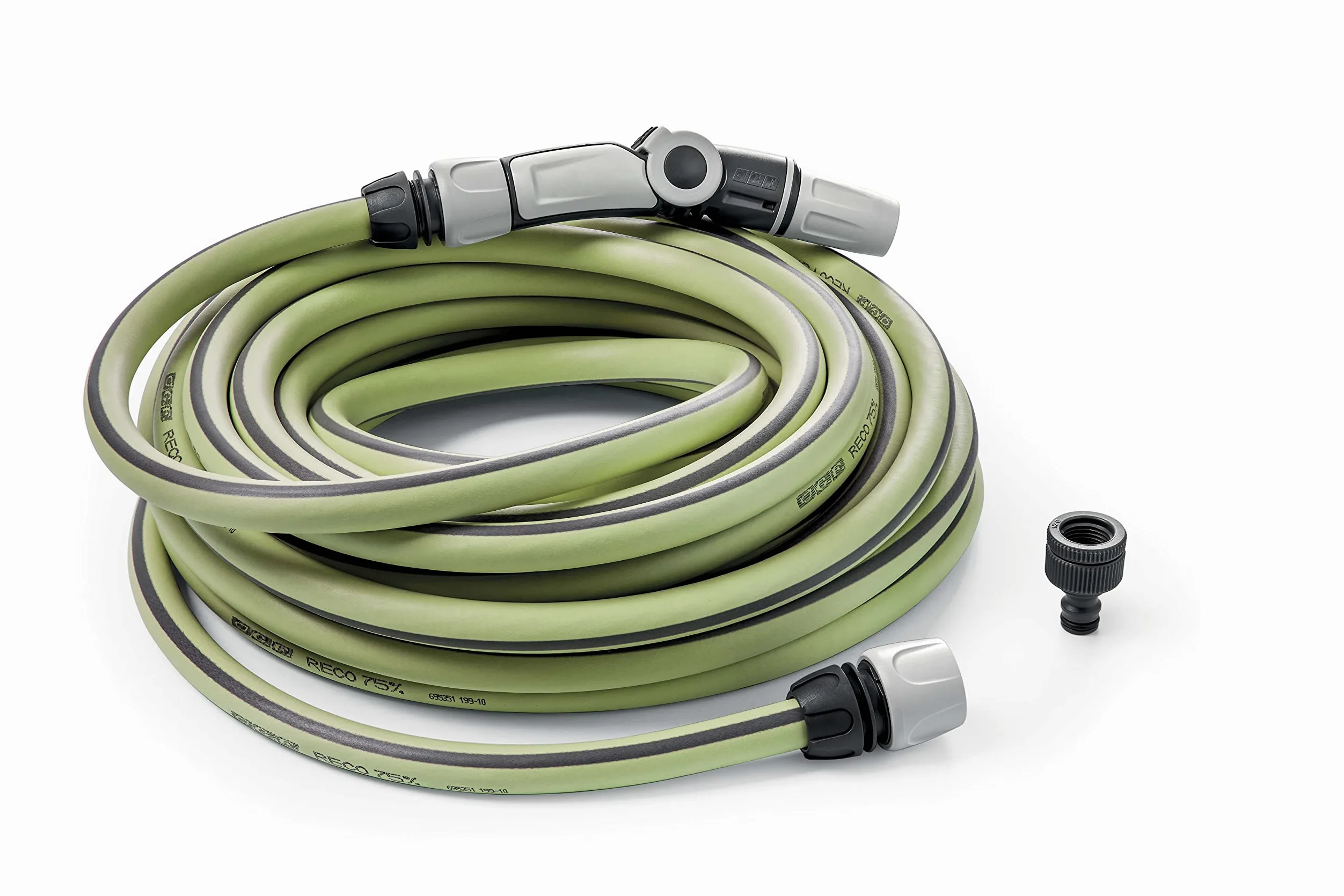 G.F. Srl TUYAU RECO, 25m de tuyau pour arrosage 12,5 mm (1/2") en PLASTIQUE RECYCLE, équipé de KIT pour l'arrosage (lance ergonomique 3 jets, raccords, nez de robinet). Fabriqué en France, Vert Lime