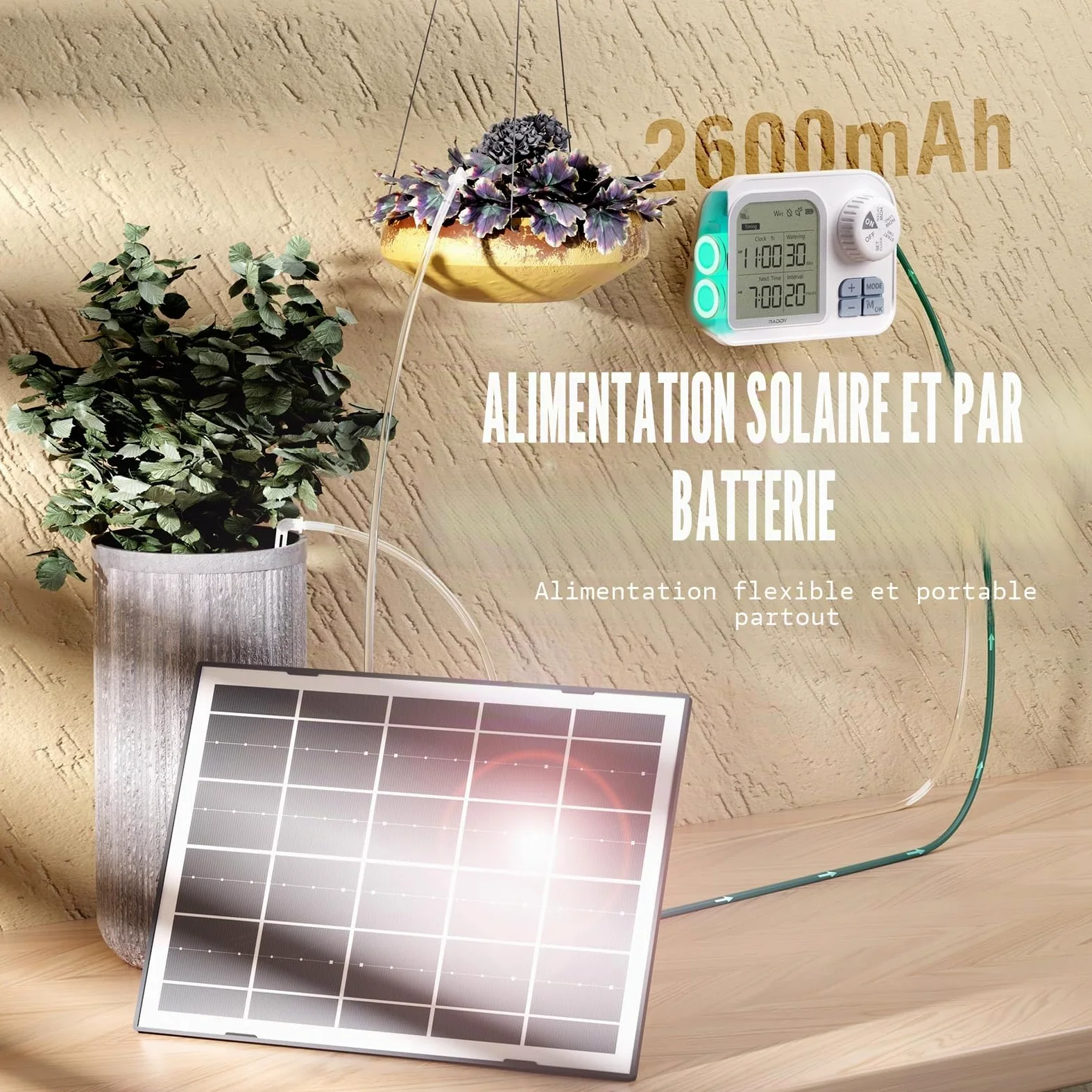 Raddy WS-7 Solaire Kit d'irrigation goutte-à-goutte, Système d'arrosage automatique pour 15 plantes en pot, auto-détection de l'humidité du sol, batterie 2600 mAh, IPX7 pour balcon intérieur/extérieur