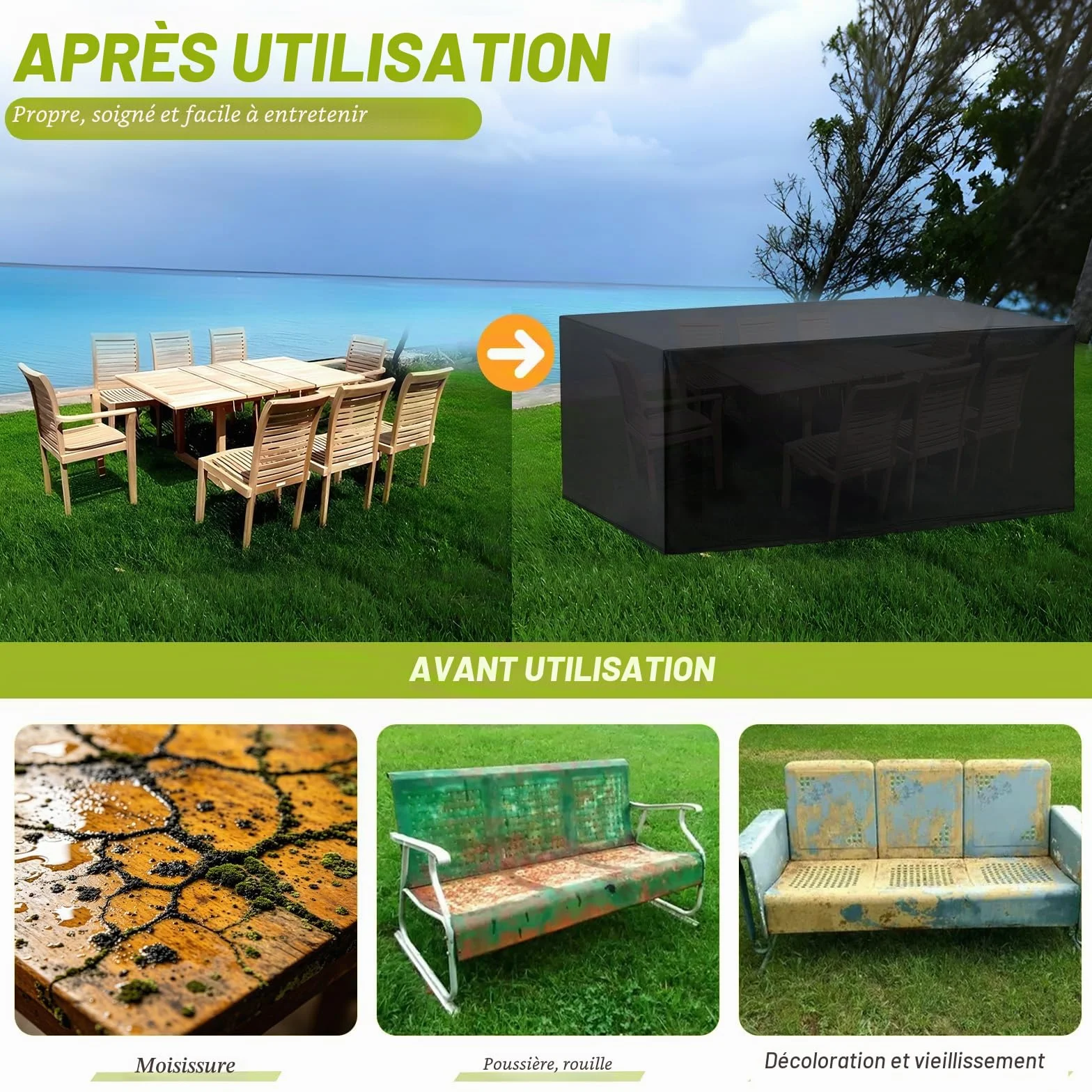 Housse Salon de Jardin Rectangulaire Imperméable Anti-UV pour Table Extérieur 213x132x72cm Noir