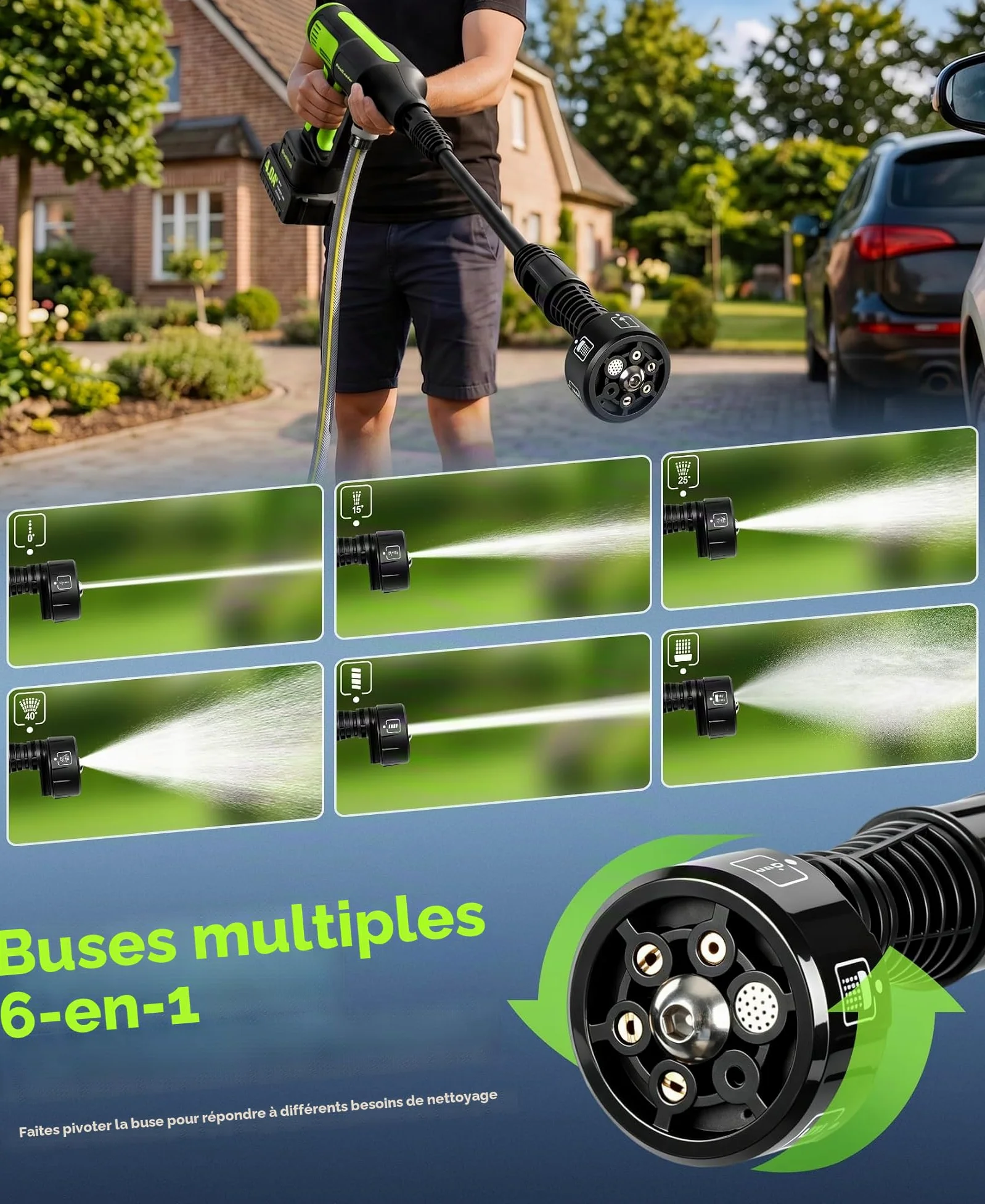Nettoyeur Haute Pression Batterie, sans Balais Nettoyeur Haute Pression | 50Bar Portable Nettoyeur Haute Pression avec Réglage la Puissance à 4 Niveaux & Écran LCD,6-en-1 Buse Pistolet Haute Pression