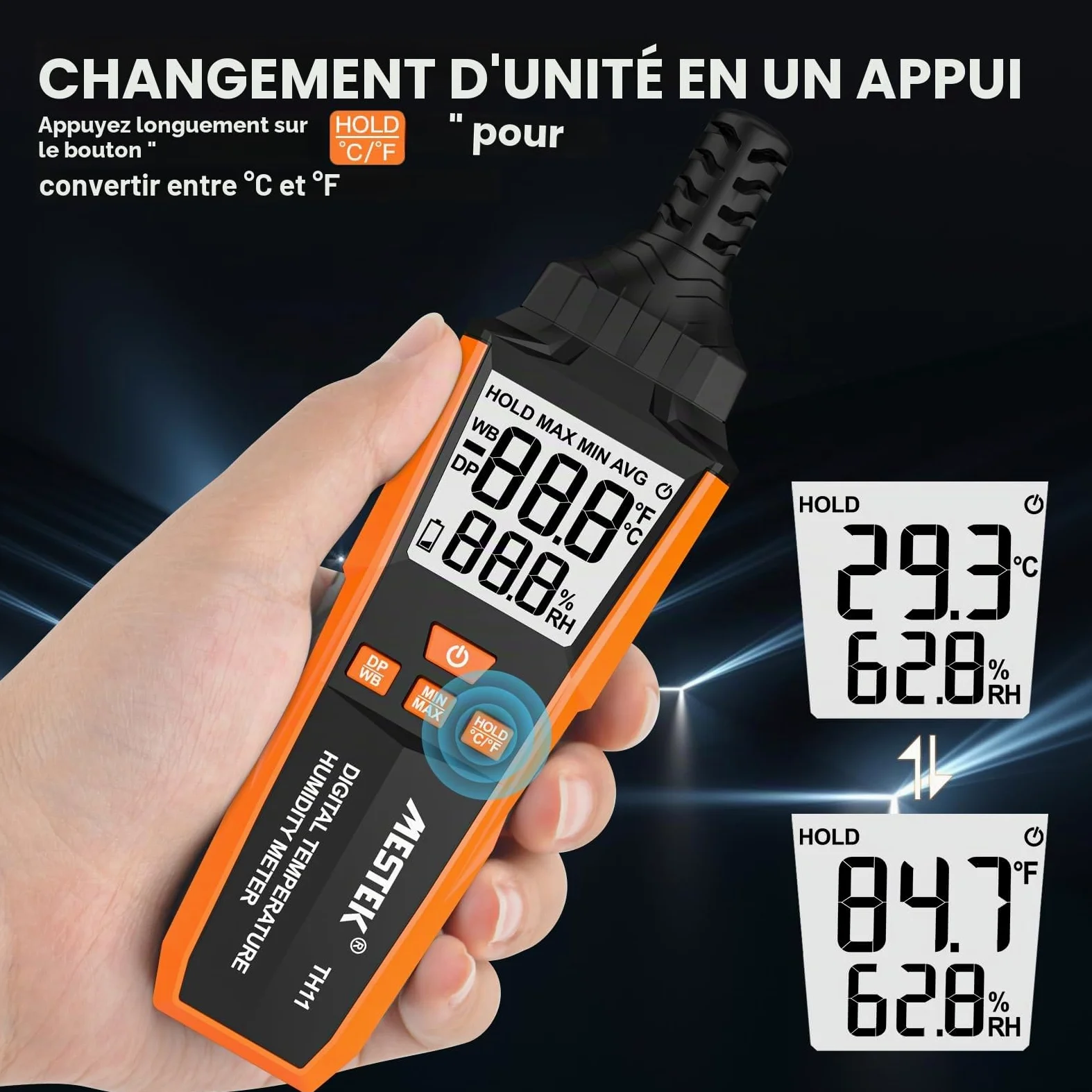 Hygromètre Thermomètre 4-en-1 MESTEK, Hygromètre Numérique Thermomètre Intérieur/Extérieur, Température du point de rosée et bulbe humide, Portable à Main, Pour Chambre Bureau Expédition de Camping