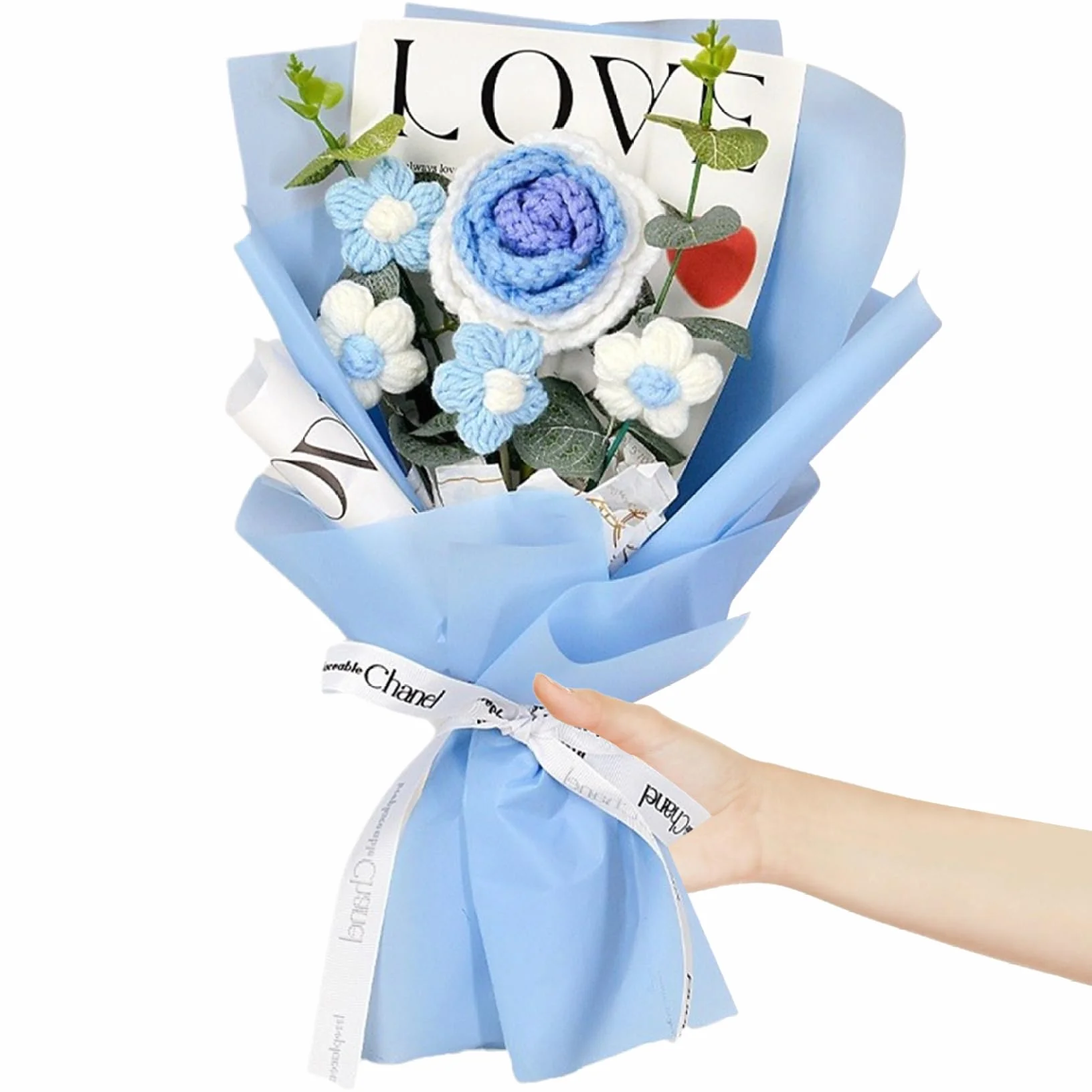 Bouquet de Fleurs au Crochet Roses 7.9x11.8" 5 Têtes Tricotées Mariage Bleu