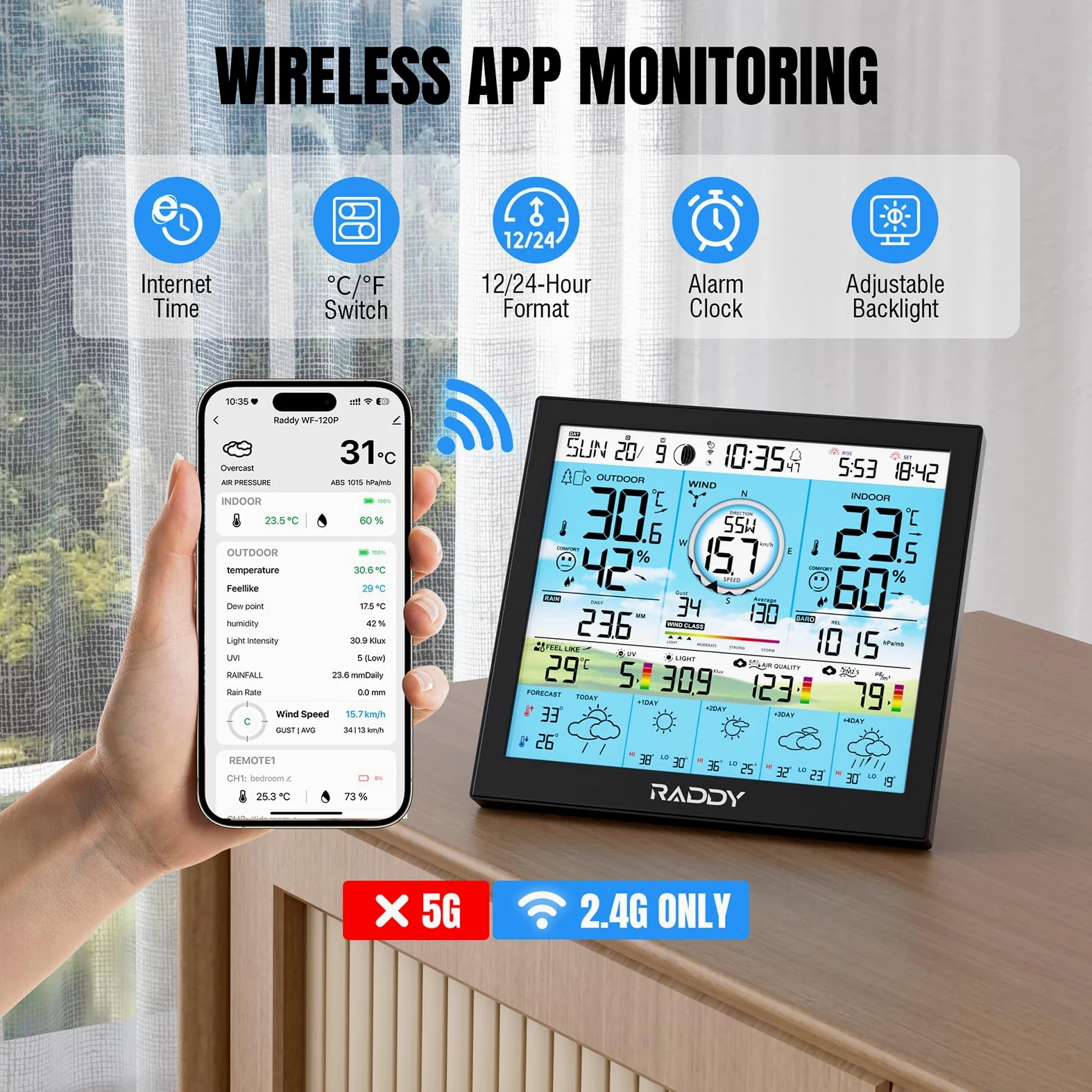 Raddy WF-120P Station météo Wi-Fi avec contrôle via application, écran couleur HTN 10″, température et humidité int./ext., indice UV/lumière, PM2.5 AQI, prévisions 5 jours, capteur extérieur 7-en-1