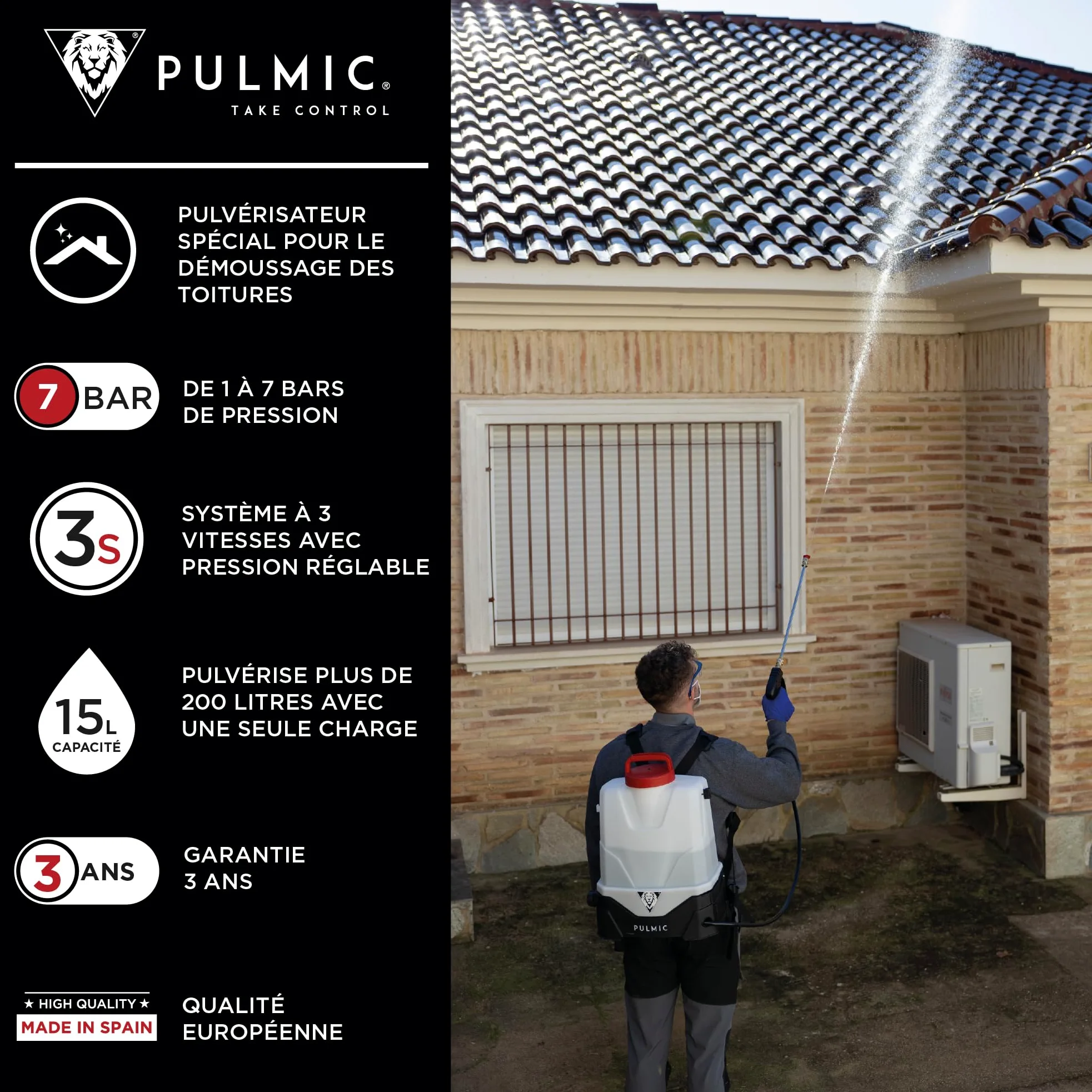 PULMIC Pegasus 15 Pulvérisateur Électrique 15 L, 7 Bars, Batterie Lithium 25Vmax Amovible, Lance INOX, Kit Buses, avec Tuyau Tressé 10 m Extension Flexible pour Nettoyage, Désinfection et Agriculture