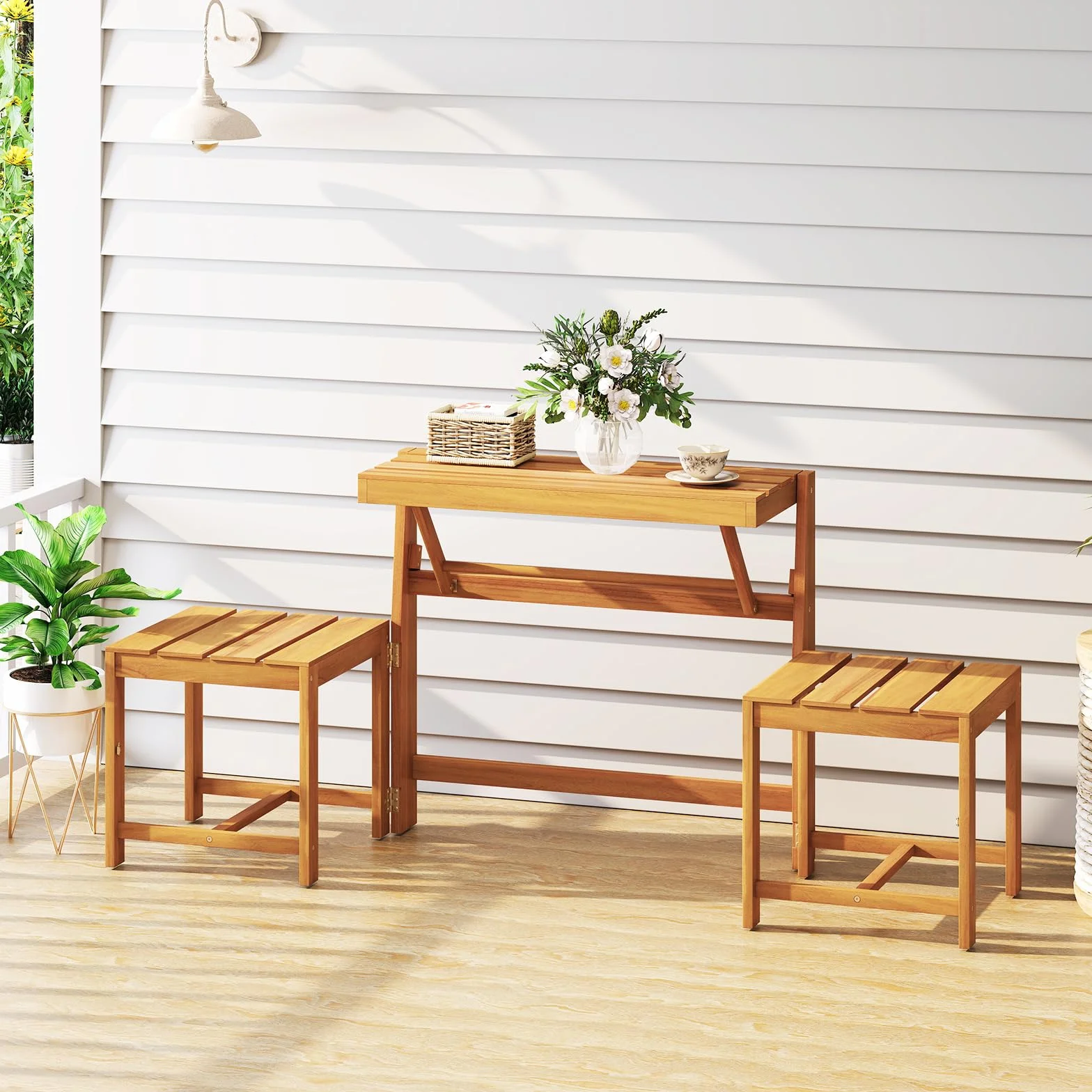 GOPLUS Salon de Jardin Extérieur 3 en 1 Banc Convertible Acacia Pliant 2 Personnes FSC Naturel
