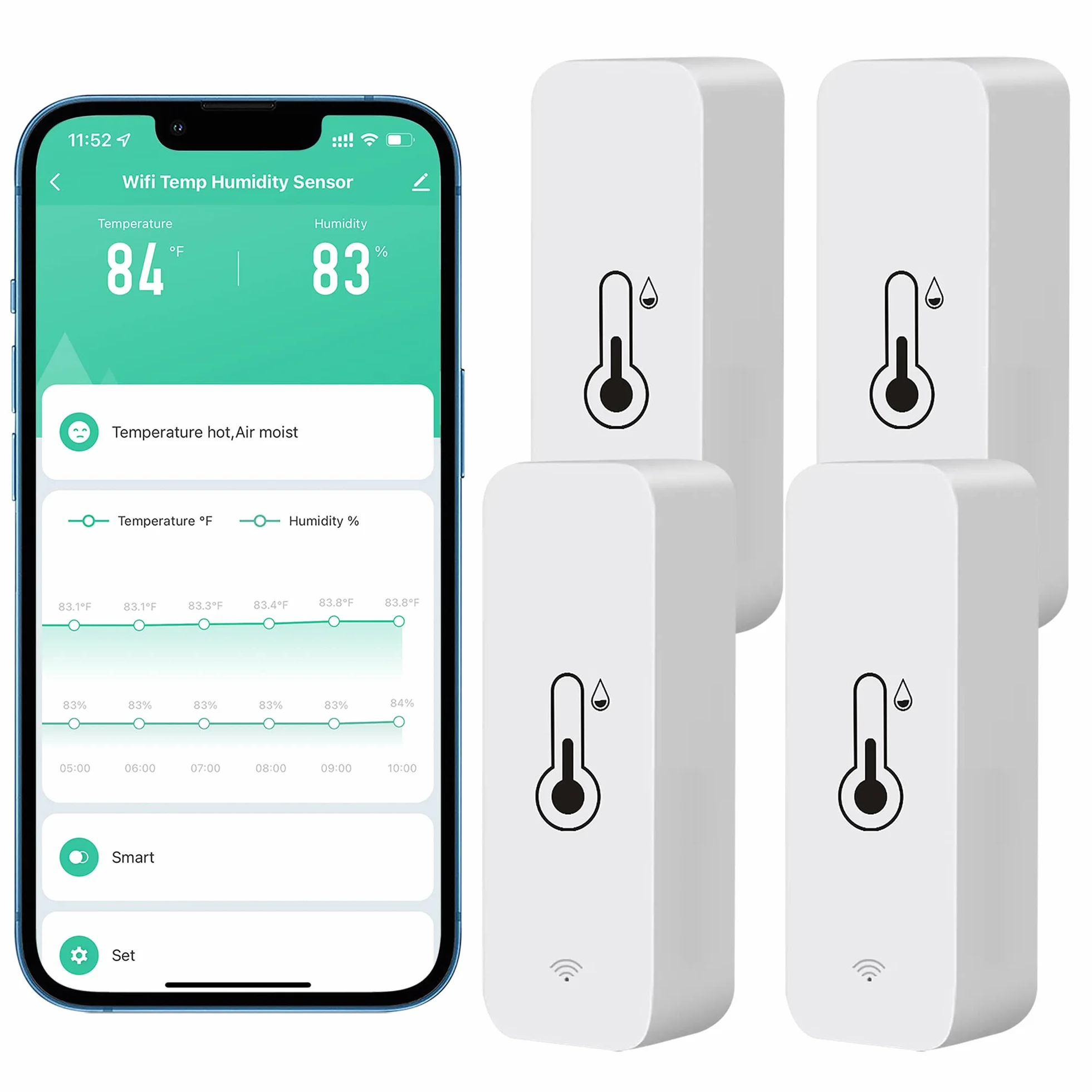 WiFi Hygromètre Thermomètre Capteur, Capteur de température et d'humidité sans fil avec alarme de notification d'application à distance, Fonctionne avec l'application Tuya (4 paquet)