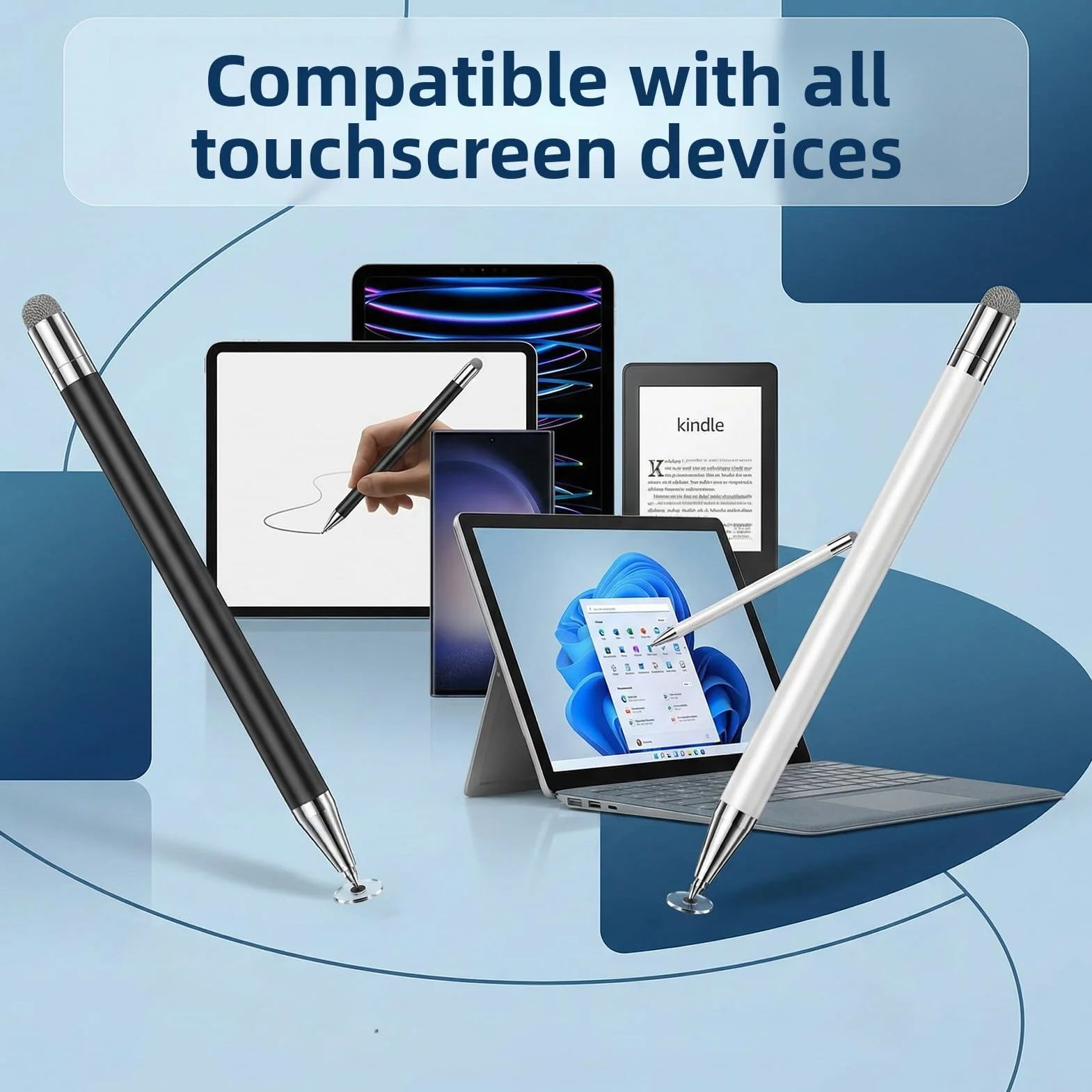 Lot de 2 stylets universels 2 en 1 pour tablette écran tactile, compatible iPad, Samsung, Huawei, blanc/noir