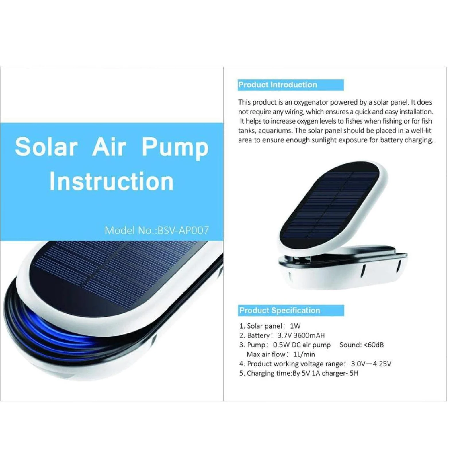 Pompe à air oxygénateur à énergie Solaire, aérateur oxygénateur Portable à Pompe à air Solaire à 3 Niveaux AP007 pour Aquariums/réservoirs de Poissons