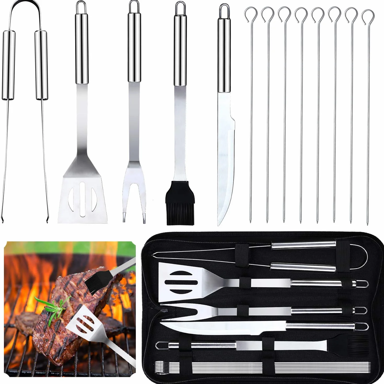 Outil de Barbecue en Acier Inoxydable Portable avec étui de Transport pour Camping