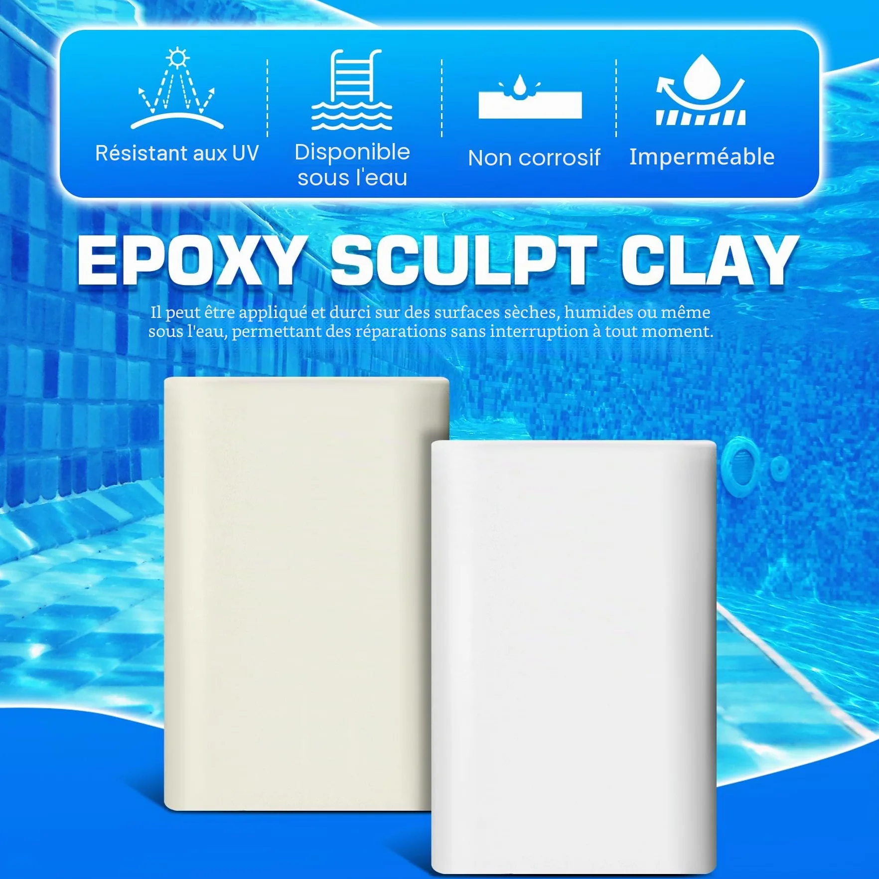 Mastic époxy 340g réparation rapide piscine sous l'eau sur l'eau 2 parties argile gravée métal carreaux plastique