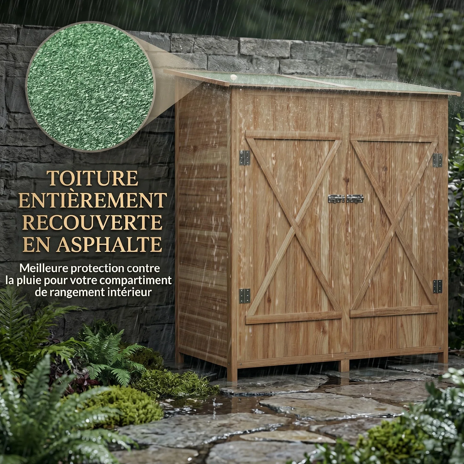 Outsunny Armoire de Jardin Cabane à Outils 2 Portes verrouillables Toit en Bitume imperméable Bois de Sapin 140x75x157 cm