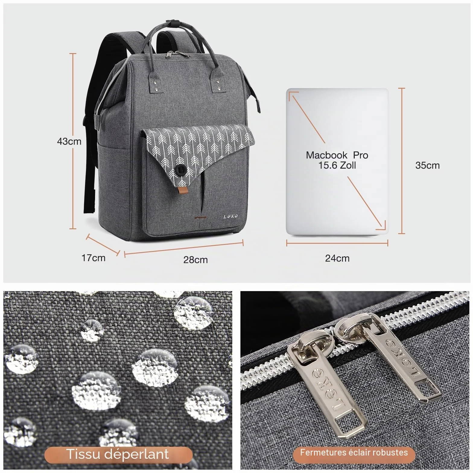 Lekesky Sac à Dos Ordinateur Portable Femme 15.6 Pouces Antivol Imperméable Gris/Noir