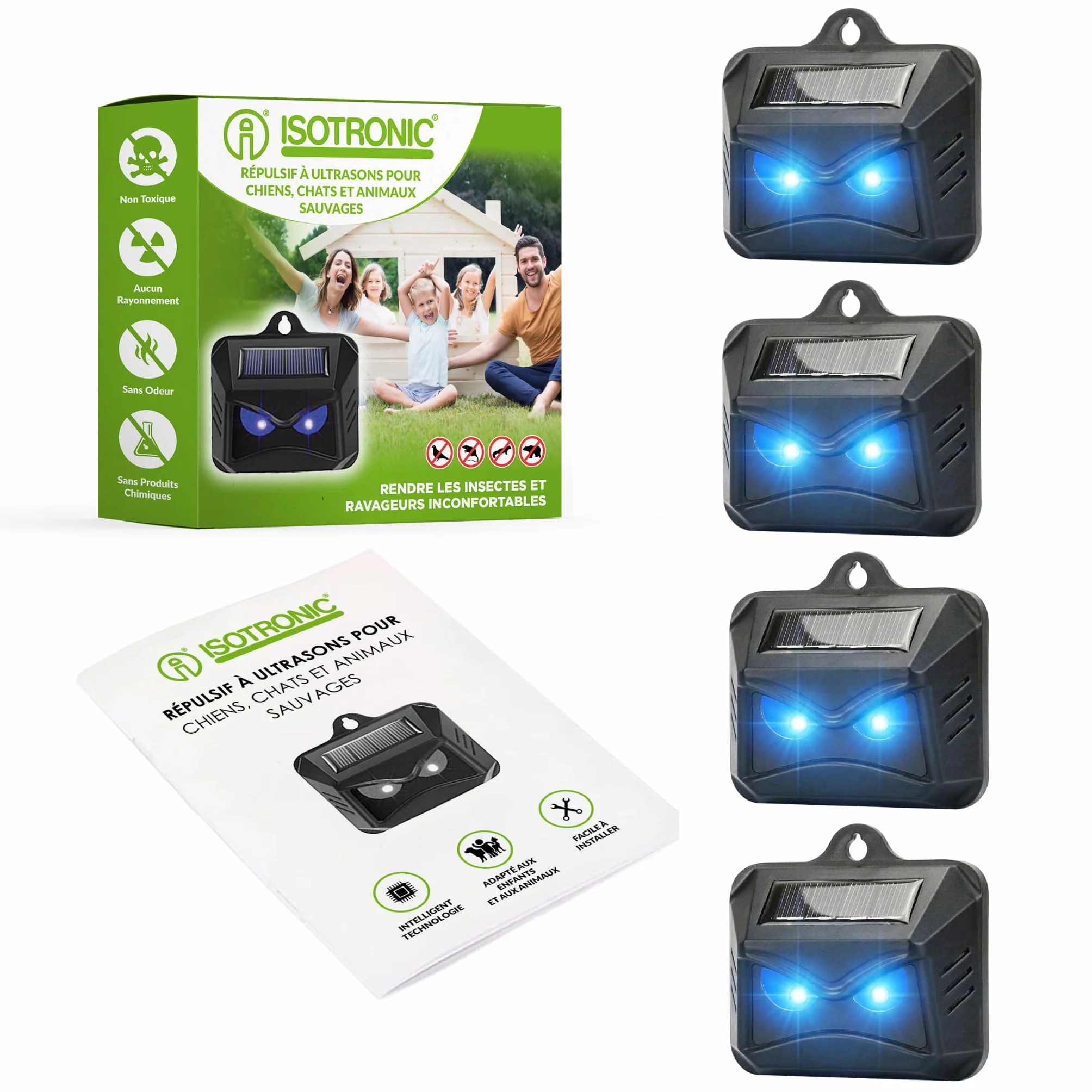ISOTRONIC Répulsif Solaire Ratons Laveurs Cerfs Renards Sangliers Protection Animaux Sauvages LED Bleue 40 m² Lot de 4 Pièces Jardin
